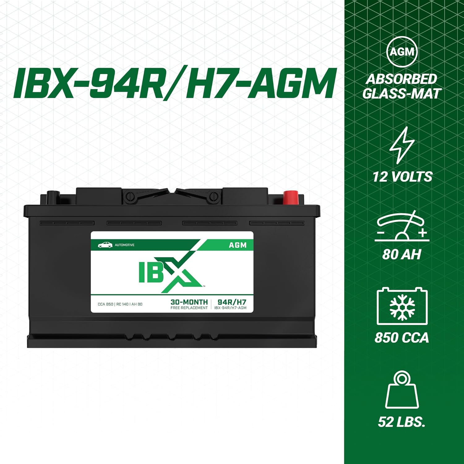 Interstate Batteries IBX Automotive Battery 12V 80Ah (Group Size H7, 94R) 850CCA SLI AGM Auto Replacement Battery for Cars, SUVs, Sedans, Trucks (IBX-94R/H7-AGM)