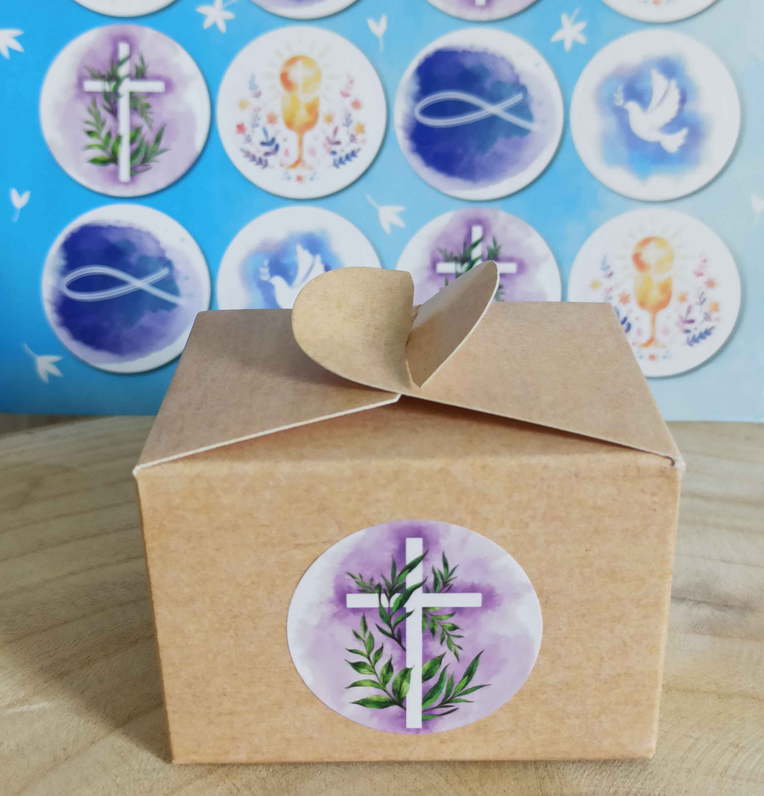 48 Adesivi Rotondi Motivi Cristiani - Pesce, Croce, Colomba, Calice, 4 Cm, Per Battesimi/Comunioni - Foto 7