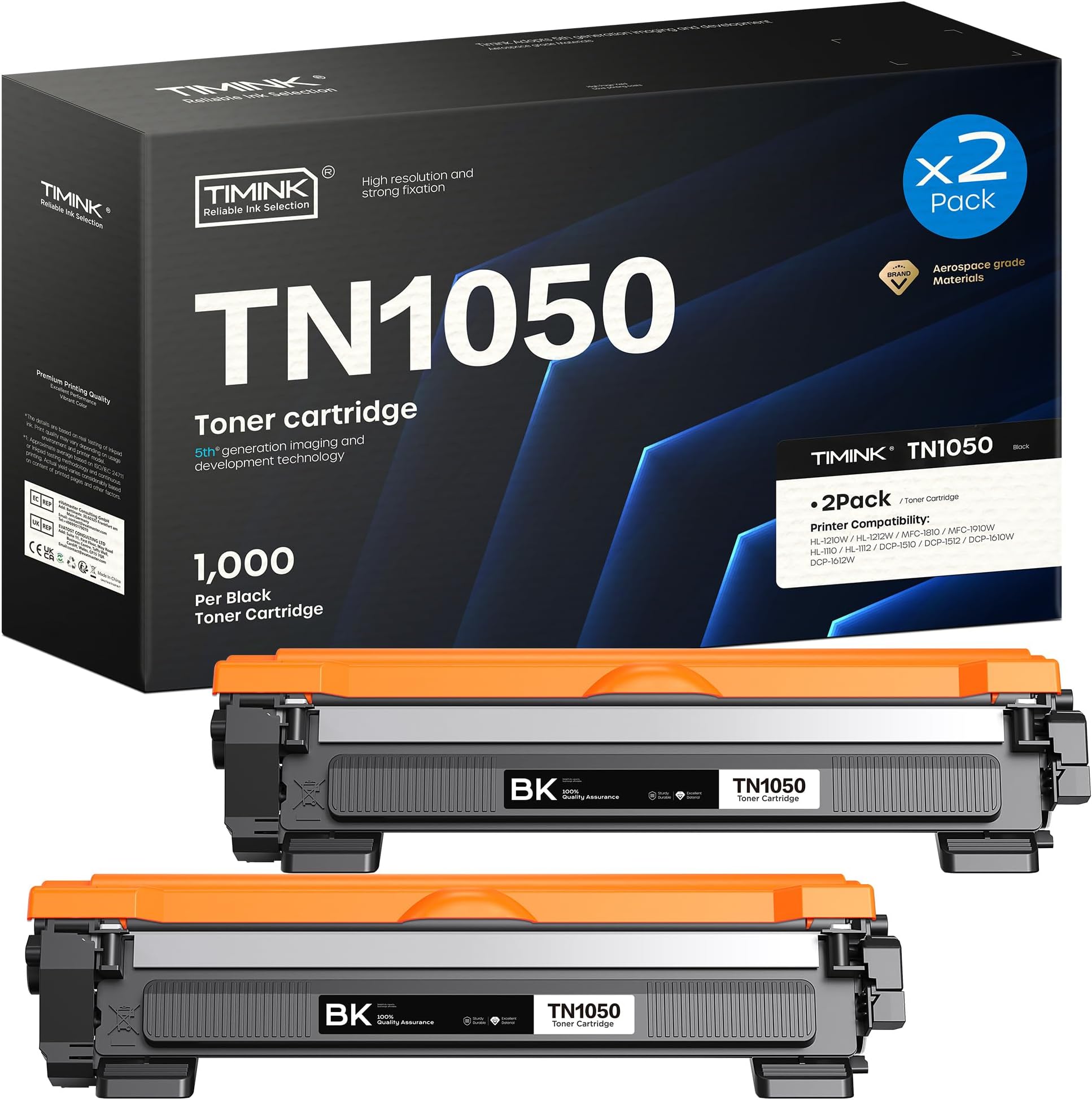 TN1050 TN-1050 Toner Compatible for Brother TN 1050 Toner for Brother HL-1110 DCP-1610W HL-1210W DCP-1612W HL-1212W HL-1112 DCP-1510 DCP-1512 MFC-1810 MFC-1910W Printer (2 Black)
