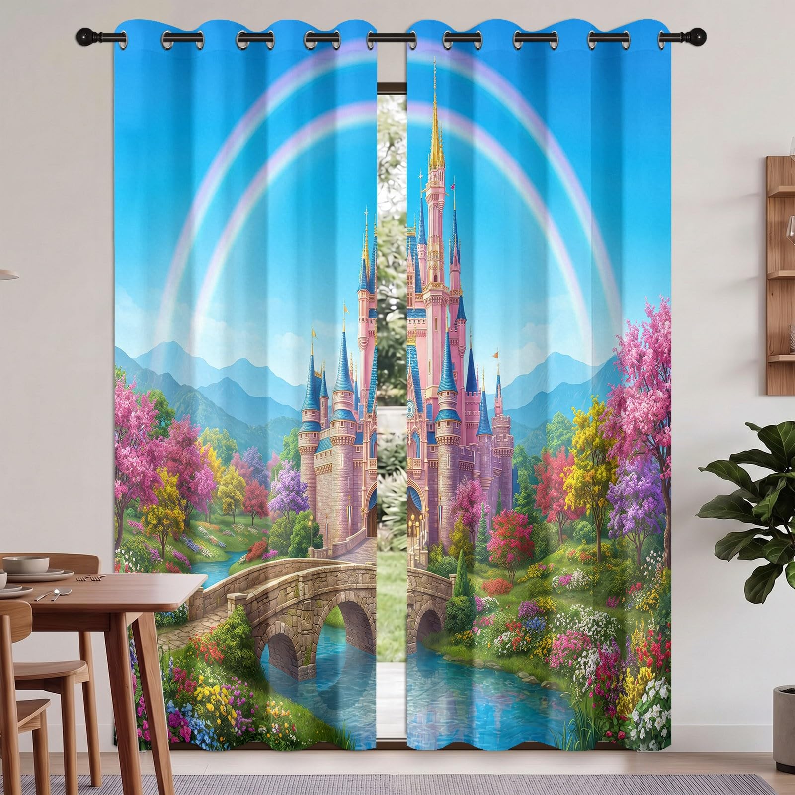 Rideaux Occultant Bâtiment, Rideaux Occultant Château De Conte De Fées Princesse & Double Rideau Thermiques Isolant Anti Froid et Chaleur Rideau à Oeillets pour Pépinière, 2 PCS, 91.5L X 160H cm
