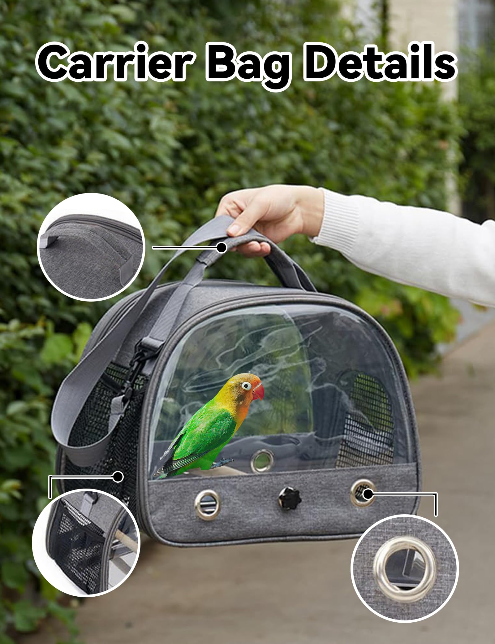 Transportín Aves, Caja Transporte Pájaros con Palo Madera & Bandeja para Periquitos/Loros/Animales Pequeños, Gris