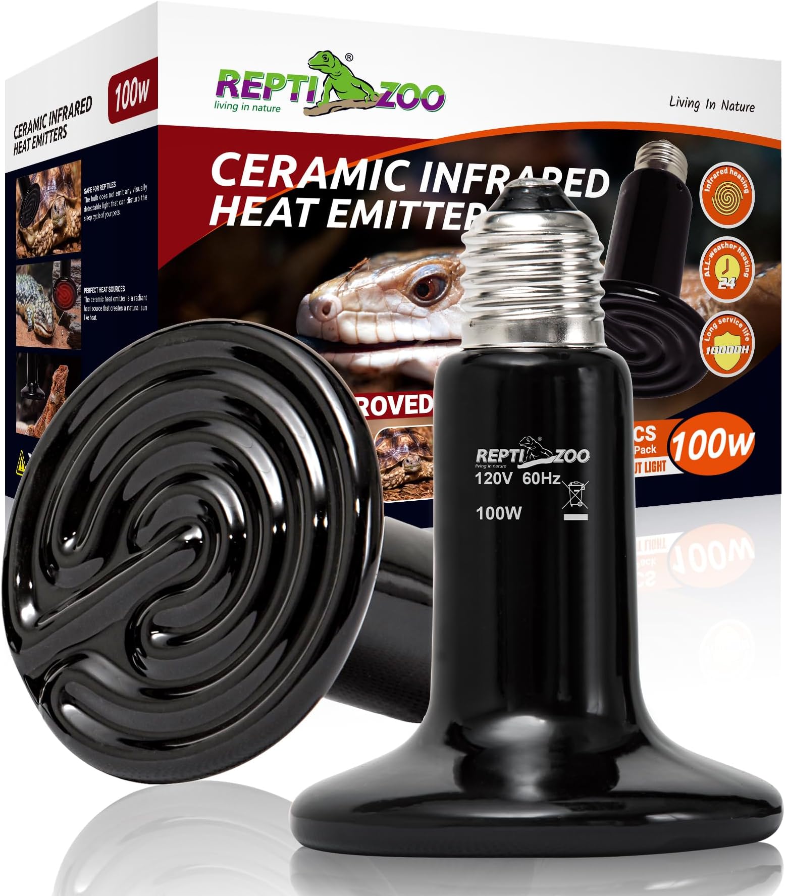 - REPTI ZOO 100W Reptile Heat Lamp 2Pack Ceramic Heat Emitter Night Heat Lamp Bulbs Reptile Terrarium Heat lamp Tank Heat Bulb for Turtle Bearded Dragon Gecko Lizard Snake Chicken E26