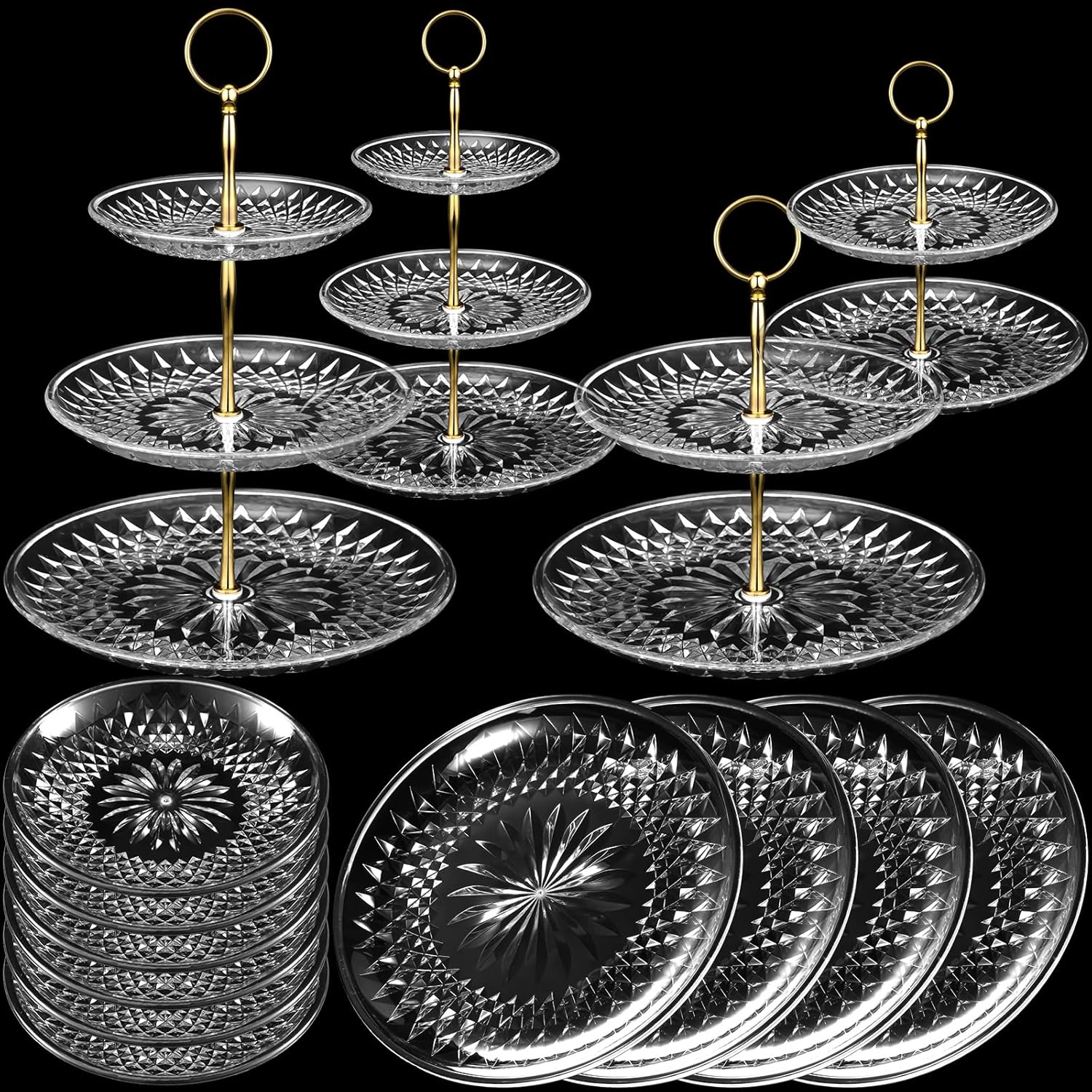 14 Pieces Tiered Cupcake Stand Set Gold 2-Tier 3-Tier Serving Stand Tower Tray with Round Rectangle Food Serving Trays Long Slim Dessert Stand for Party Wedding(Clear Amber)