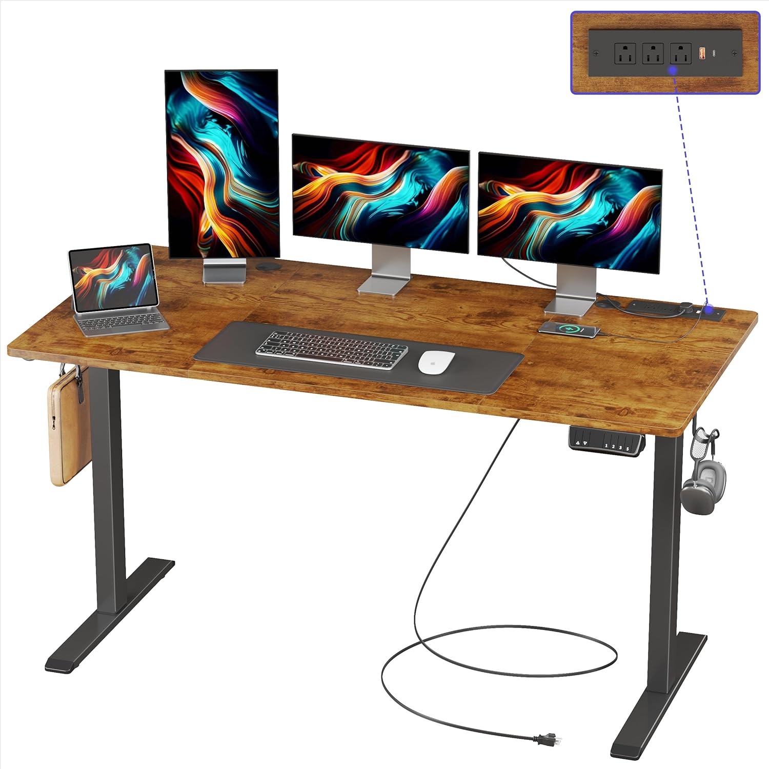 JOISCOPE 55 x 24 Inches Height Adjustable Electric Standing Desk with 3 AC & USB & Type-C Power Outlets, 4 Memory Heights & Child Lock, Gaming Study Sit Stand Desk for Home Office Bedroom, Vintage Oak ?Classic?55 inch Vintage Oak