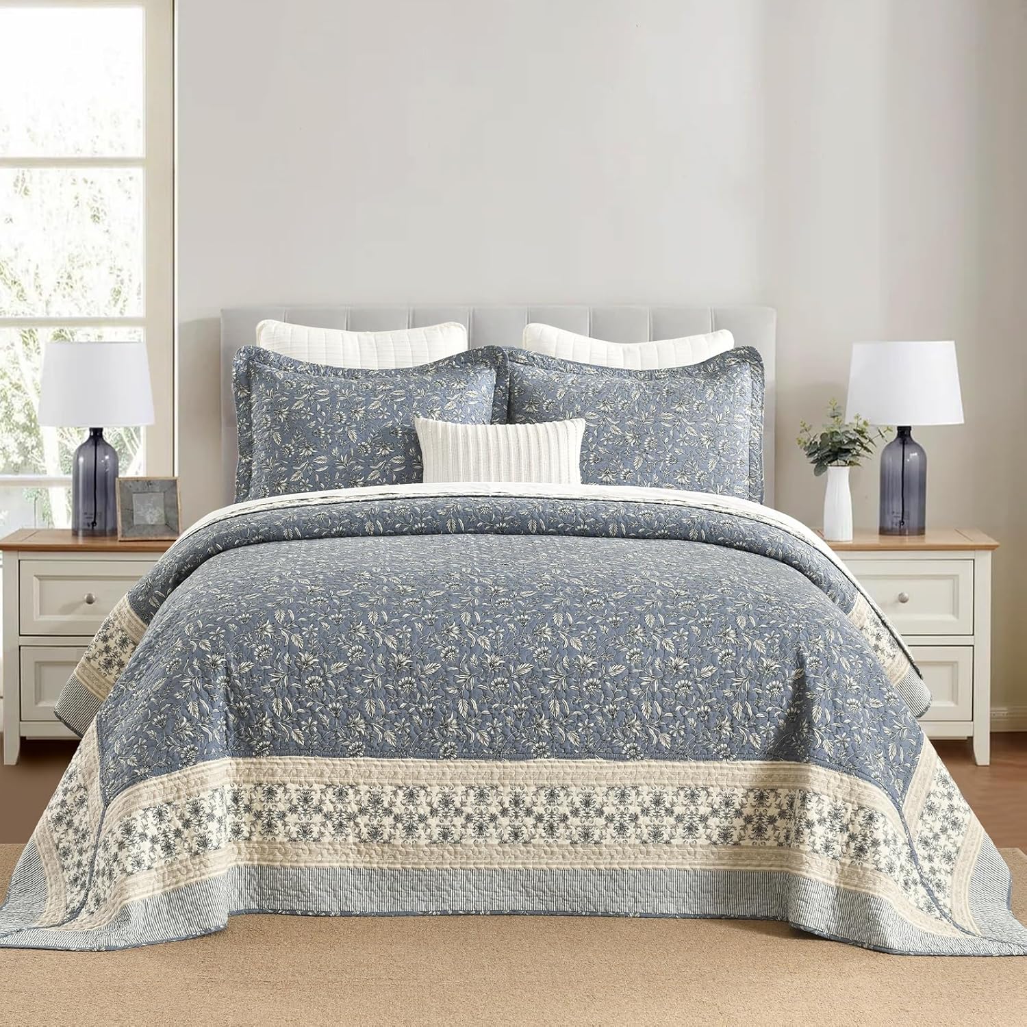 DDUOXIN Lightweight Queen Bedspread 102"x120" - 100% Cotton Reversible Oversized Quilt with 2 Pillow Shams, Farmhouse Vine Botanical Real Super Size Bedspreads Coverlet Set, Slate Blue/Off White
