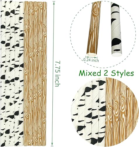 Miniatura 3 de 100 pajitas de papel mixtas para fiestas, a granel, lindo árbol de madera de grano de abedul negro, pajitas rústicas a granel, picnic, campamento,