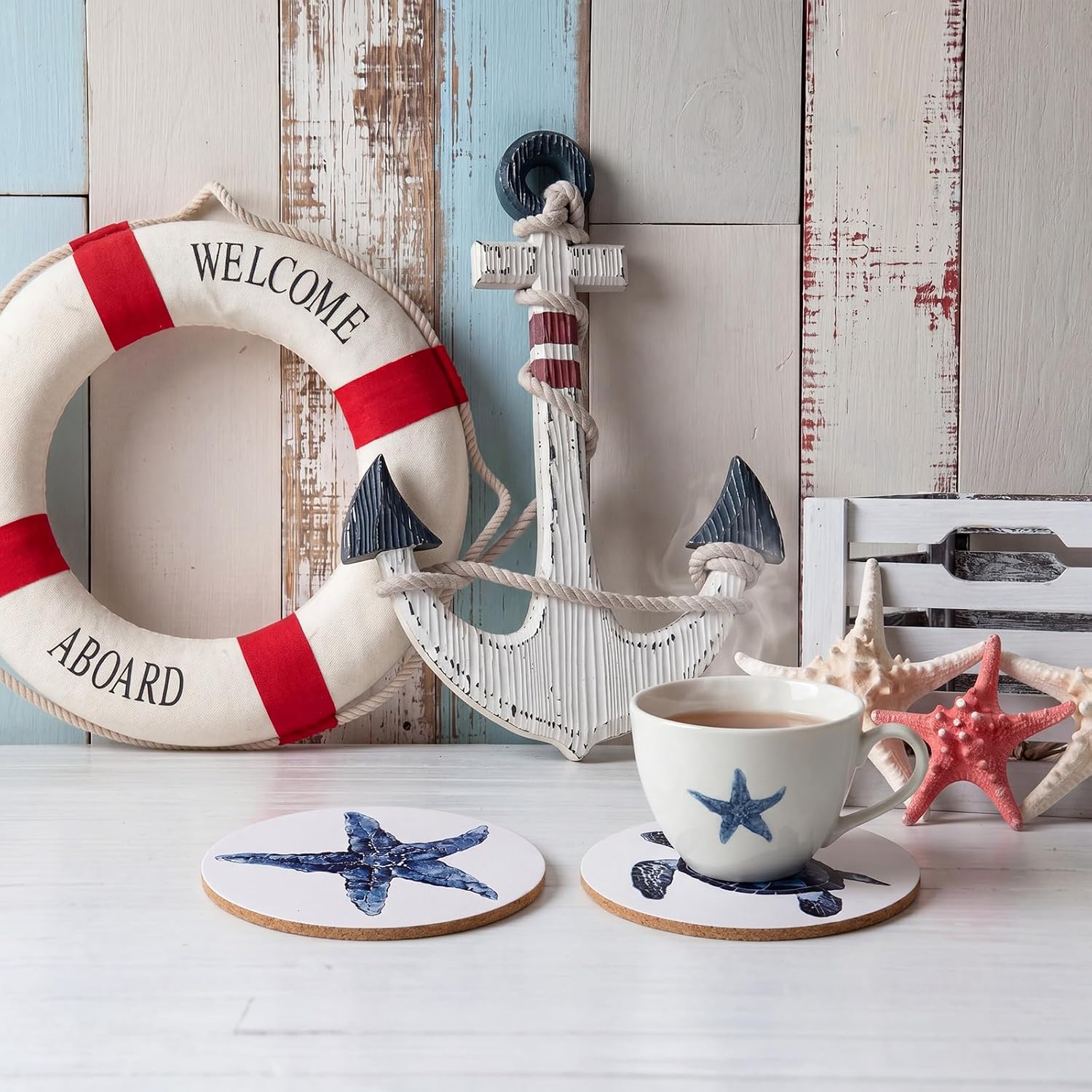 8 Pcs Coastal Coasters for Drinks Bulk Absorbent Ceramic Coaster with Cork Base Beach Starfish Sea Ocean Life Decorations for Table Coffee Kitchen Bar Housewarming Gifts