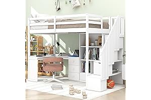 SOFTSEA Twin Loft Bed with Stairs and L-Shaped Desk