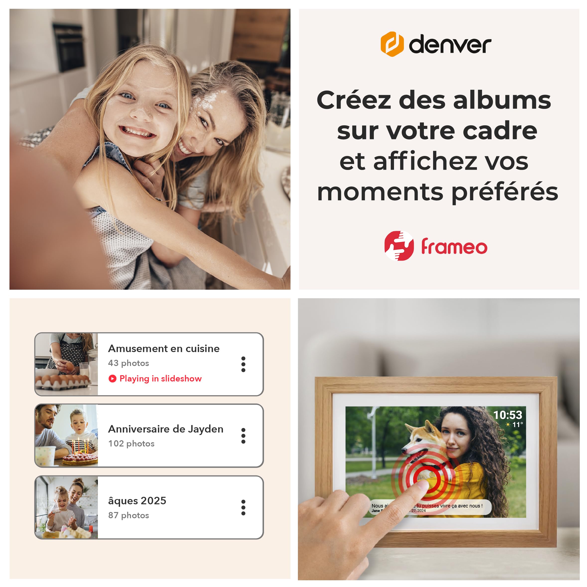 Denver PFF-1042LW Cadre Photo numérique Wi-FI FRAMEO 10,1 Pouces, écran Tactile IPS 1280 x 800, mémoire 16 Go, Application iOS/Android, Bois Clair