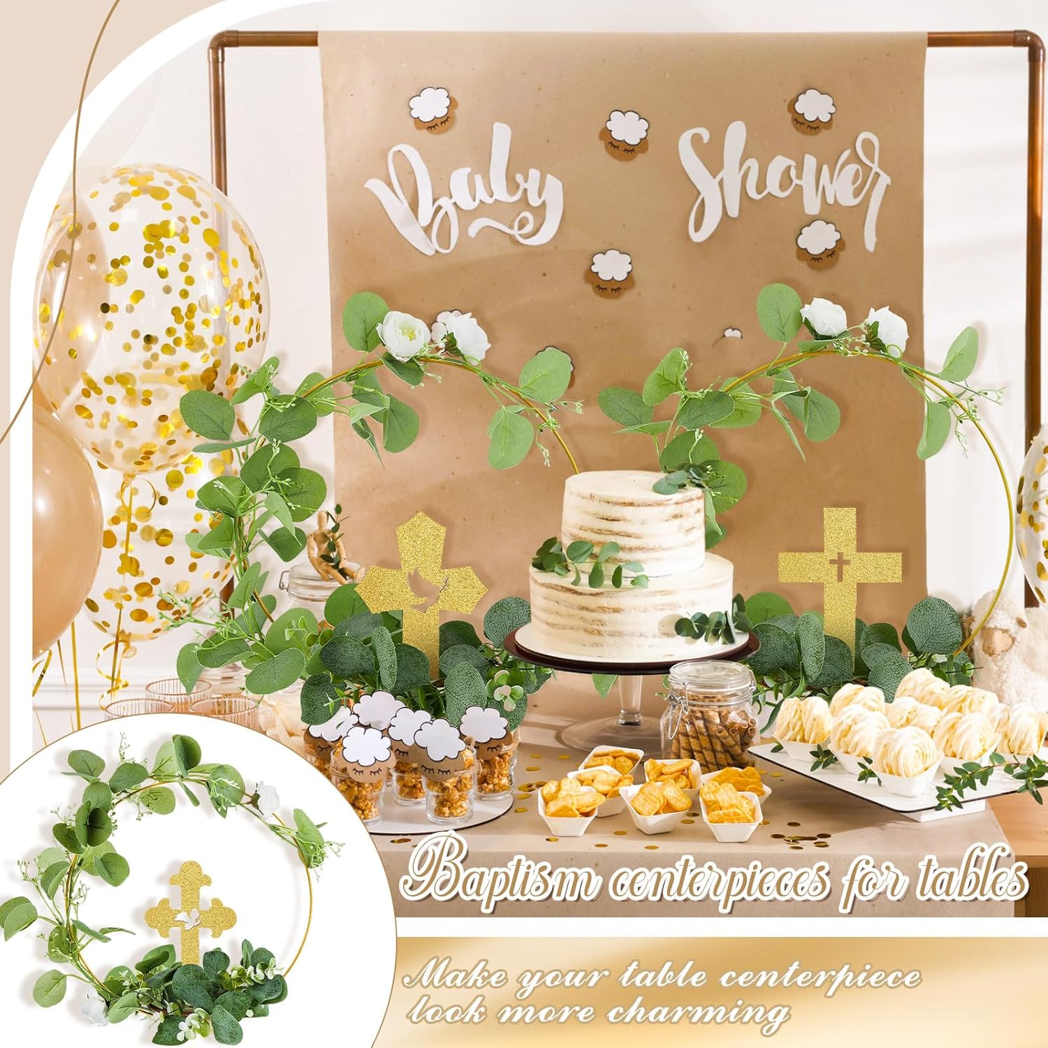 Wesiti 24 Pcs Baptism Centerpieces for Tables 12 Wood Crosses 12 Metal Floral Hoop Centerpiece with Stand Wooden Cross for Baptism Party Wedding Craft(Gold,Classic)