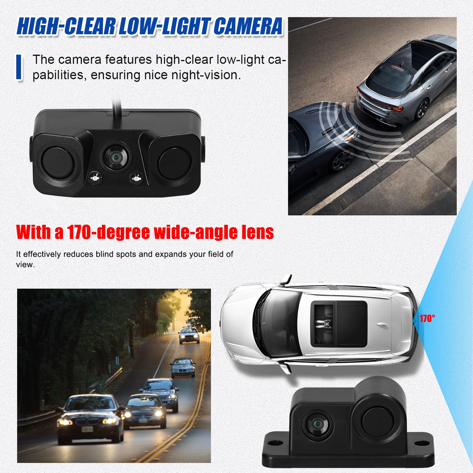 Shkalacar Telecamera Radar per Retromarcia visiva, 3 in 1 Telecamera per Retromarcia Impermeabile Videocamera per Retromarcia per Auto con 2 Radar Che Rilevano Sensori e Cicalino