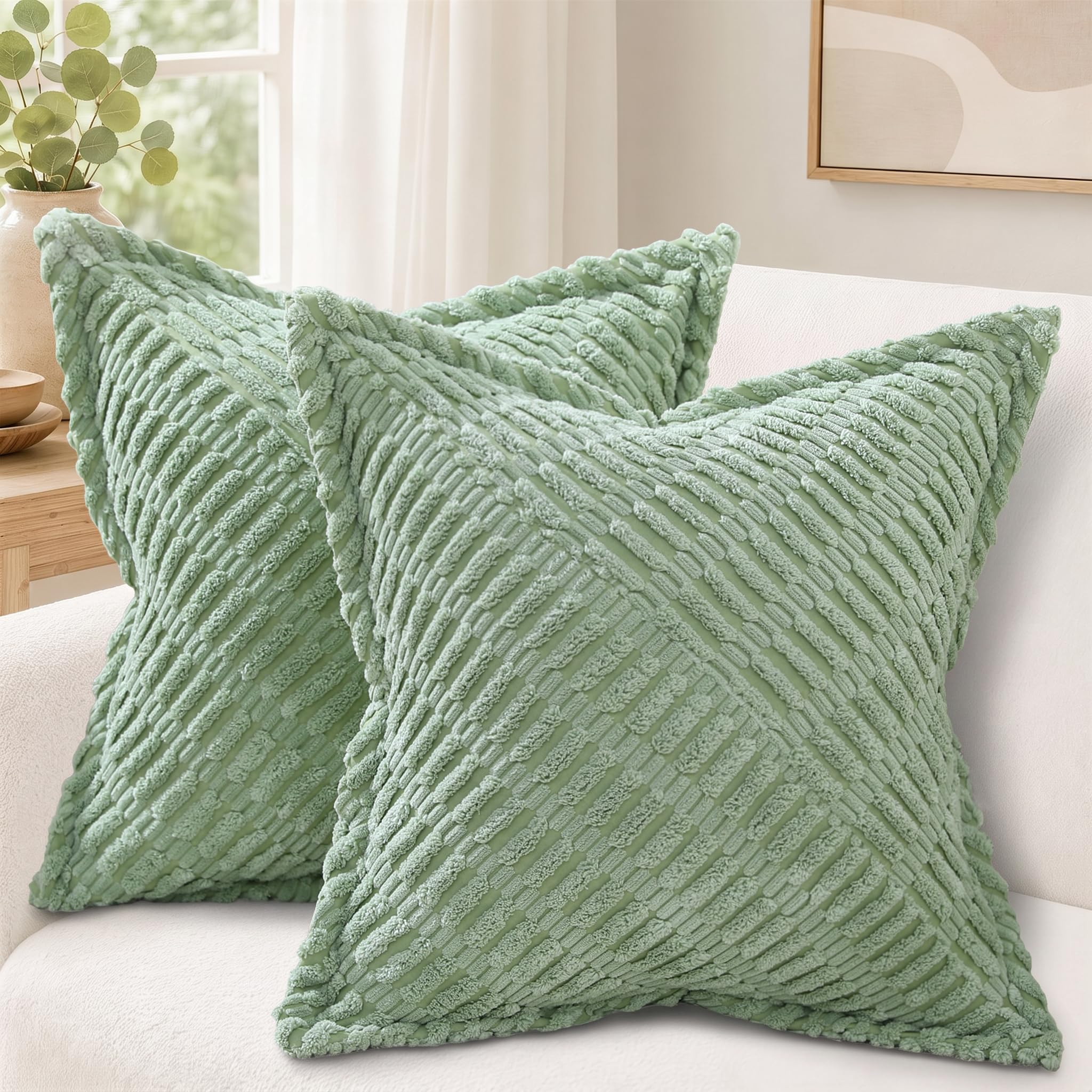 decorUhome Set di 2 federe per cuscino autunnali in velluto a coste verde salvia 26 x 26 cm