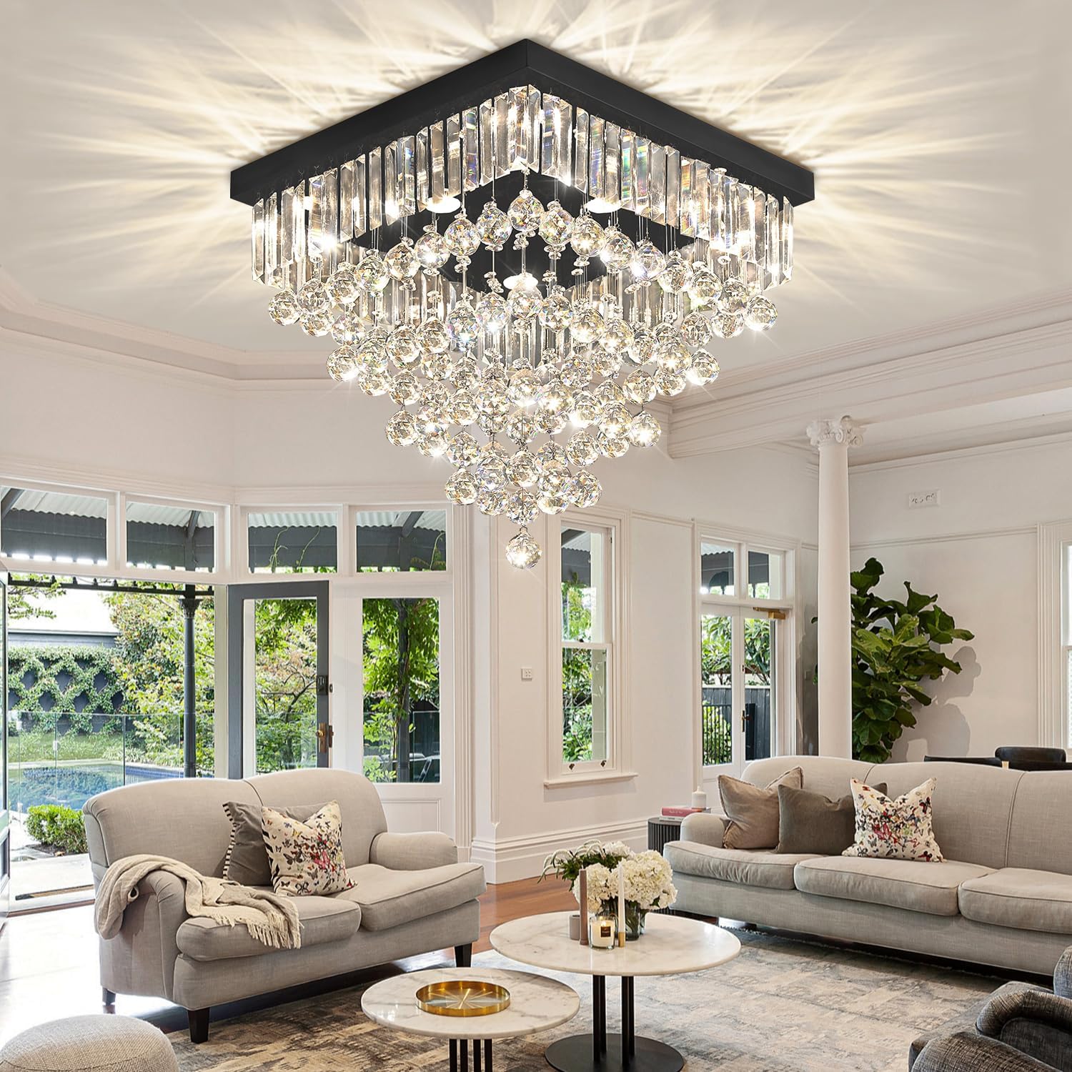 Luxury 20" Square K9 Crystal Flush Mount Chandelier, Modern Black 6-Light LED Ceiling Light, Dimmable Chandeliers Fixture for Dining Room, Living Room, Bedroom, Entryway