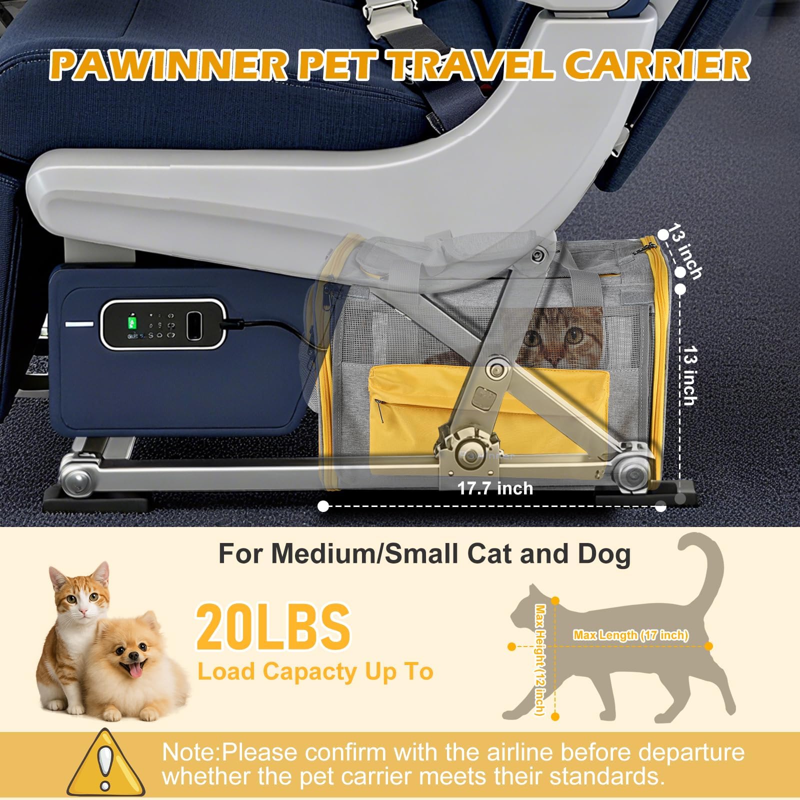 Pawinner Pet Carrier with Wheels, 17.7" x 13" x 13" Airline Approved Cat Carrier, Newly Designed Rolling Travel Bag with Telescopic Handle, for Small Dogs and All-Breed Cats - image 3
