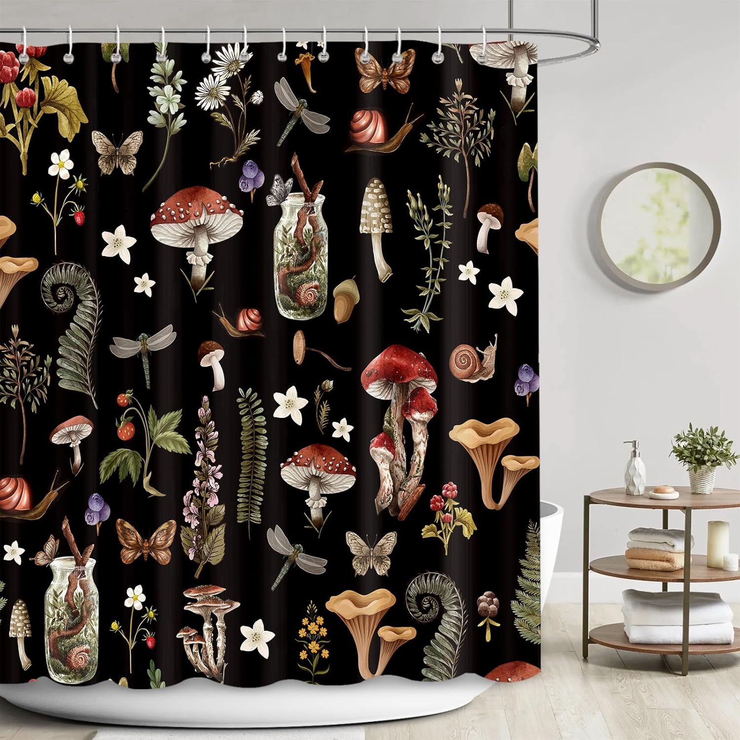 Cortina de ducha retro de hongos para baño, diseño retro de hadas, flores, plantas, negro, mariposa, libélula decoración del baño, tela impermeable