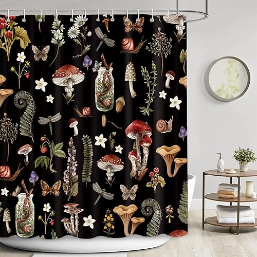 Cortina de ducha retro de hongos para baño, diseño retro de hadas, flores, plantas, negro, mariposa, libélula decoración del baño, tela impermeable