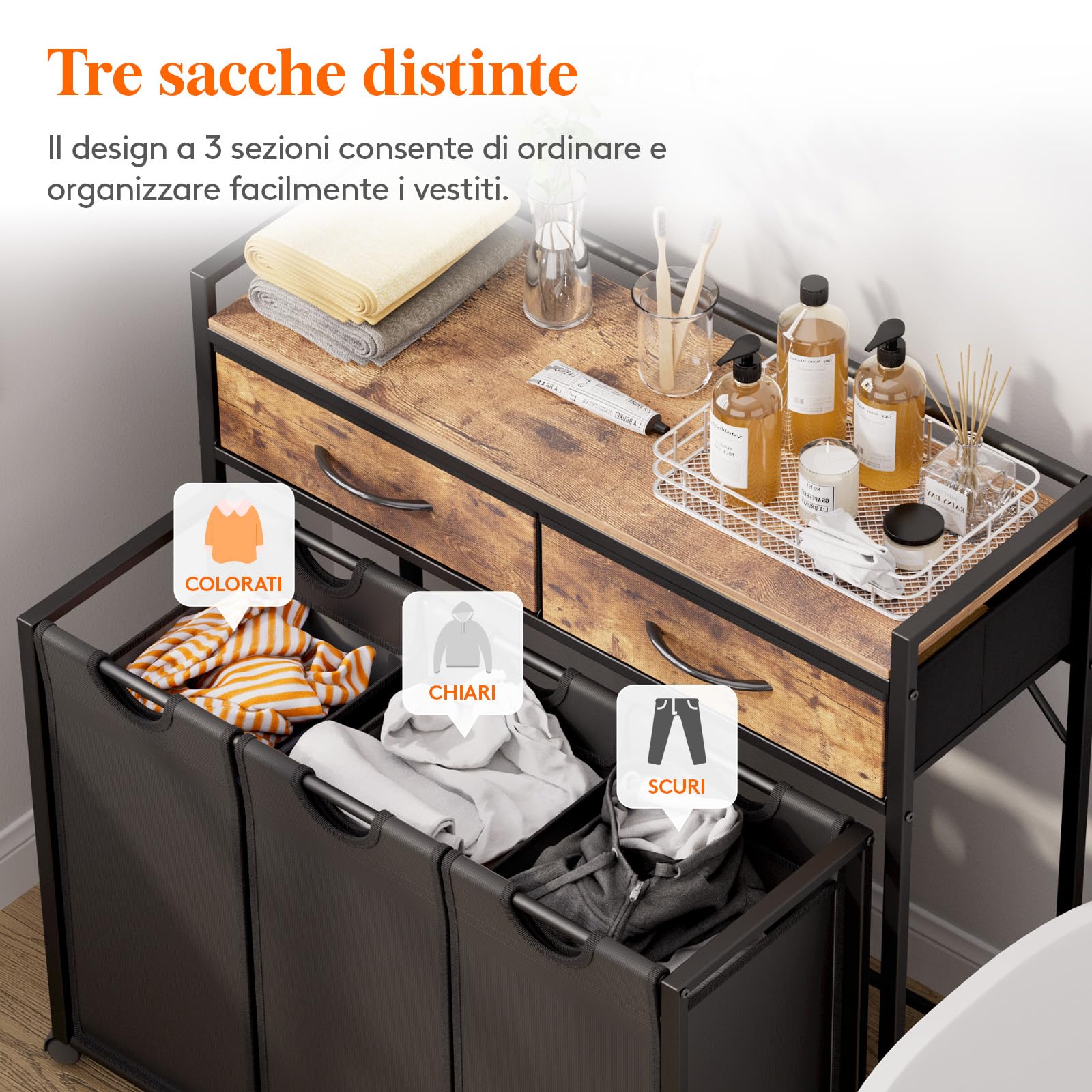 Lifewit Cesto Portabiancheria 3 Scomparti con Ruote 135L, Mobile Biancheria Sporca con 2 Cassetti e 3 Sacco Porta Biancheria in Tessuto Oxford per Lavanderia, Camere da Letto, Bagno, Nero
