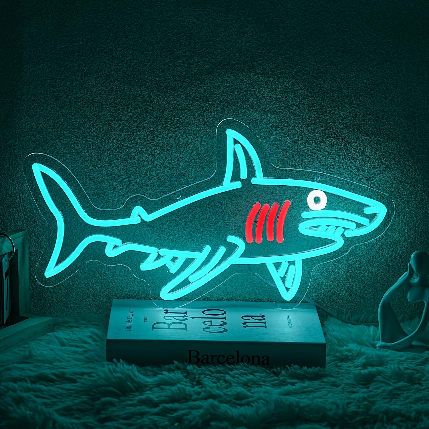 Shark Neon Sign for Wall Decor Dimmable USB Powered Blue Shark Neon Light Shark Lamp Wall Decor Sign Fish Light for Beach House Wall Art Ocean Animal Decor Game Room Bedroom Decor