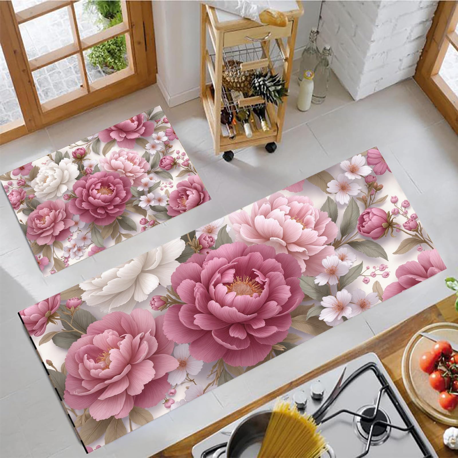 Tapis de cuisine antidérapants pour éviter les glissades sur sol humide motif rose