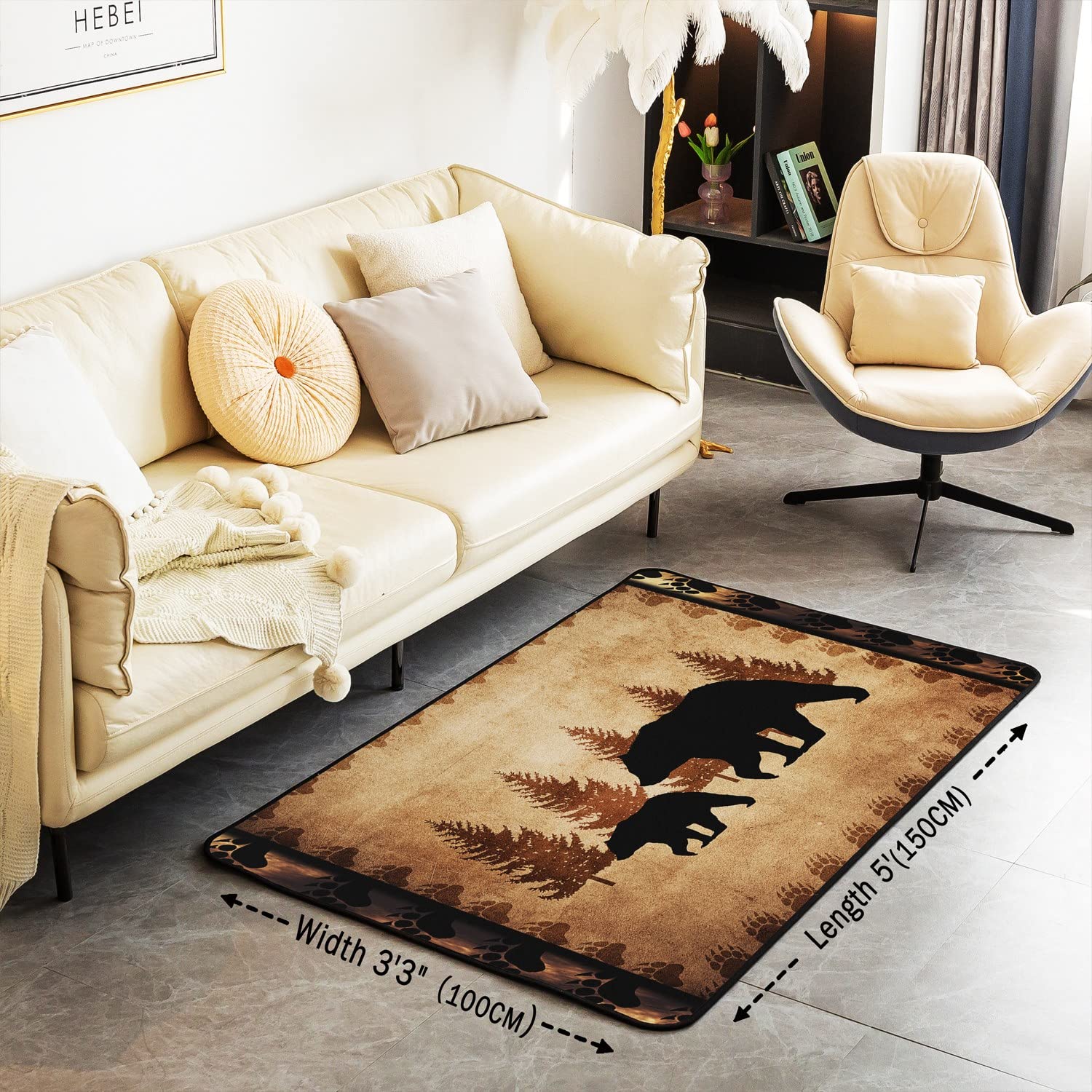Tappeto per Bambini della Fattoria Animale Selvatico - Soggiorno, Camera da Letto Retrò - Orso Famiglia Marrone con Zampe - Decor Tappetino Accento 100 x 150 cm