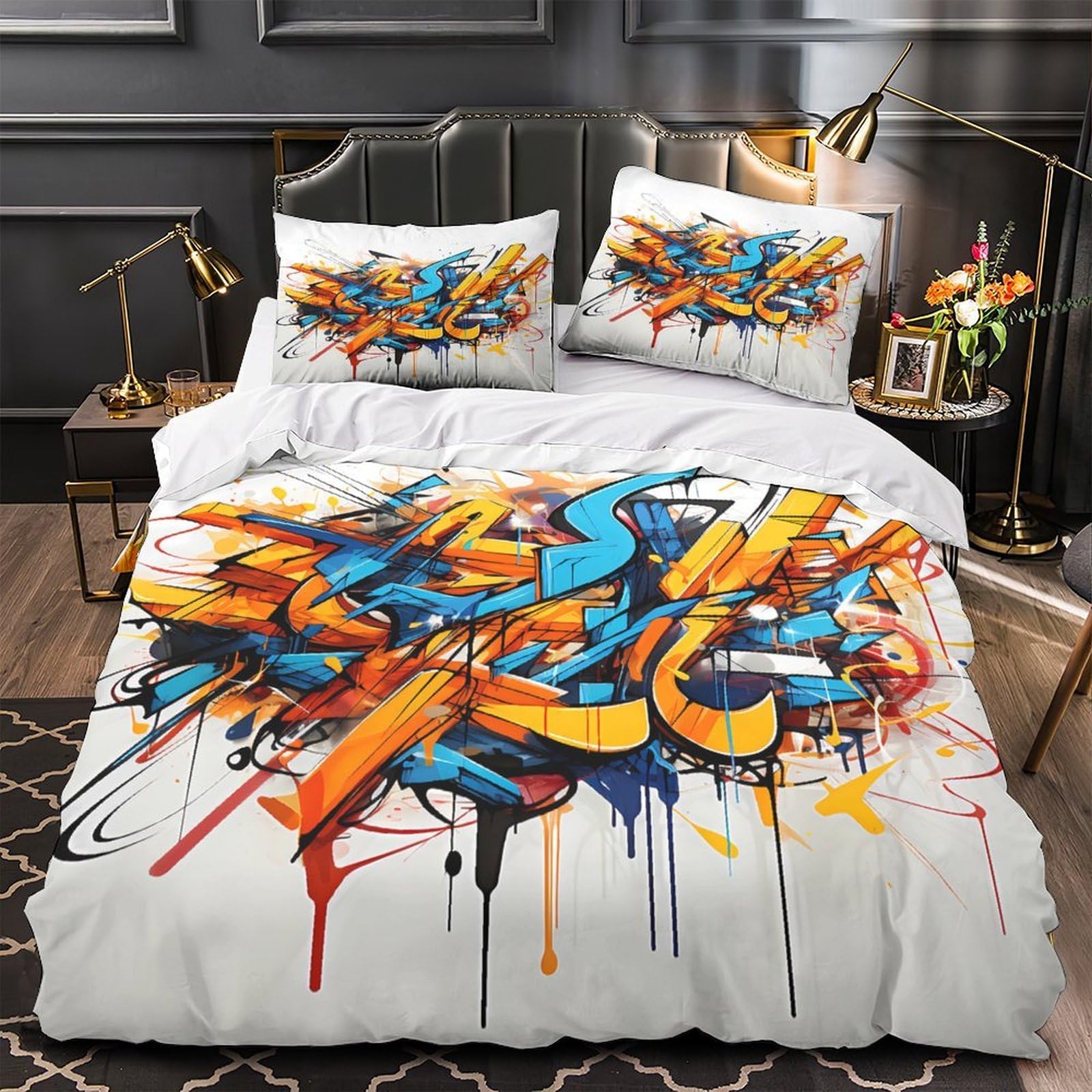 Parure de lit graffiti 140x200 en microfibre douce et hypoallergénique pour lit simple