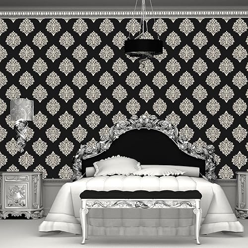 Miniatura 3 de Yisen-Ocea Papel tapiz negro con patrones estilo Pollock Boho Contact Embellished with Luxurious and Vintage Ambience Renter Friendly Peel and Stick