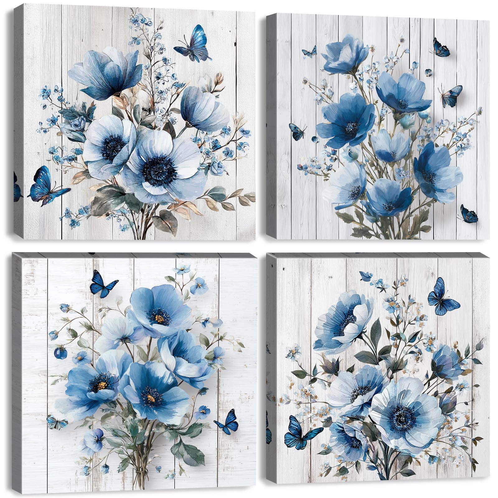 4 Pieces Blue Flower Canvas Wall Art for Bedroom Butterfly Wall Decorations Blue and White Floral Wall Pictures for Living Room Rustic Botanical Prints Wildflowers Paintings Kitchen Home Decor 30x30cm — image 1