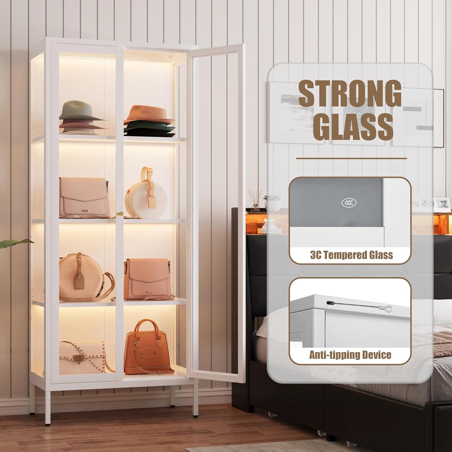 Glass Display Cabinet with LED Lights, White Curio Glass Showcase, 66" Tall Metal Storage Cabinet with Doors and Adjustable Shelves, 3 Color Lighted Display Case for Living Room, Hallway, Pantry