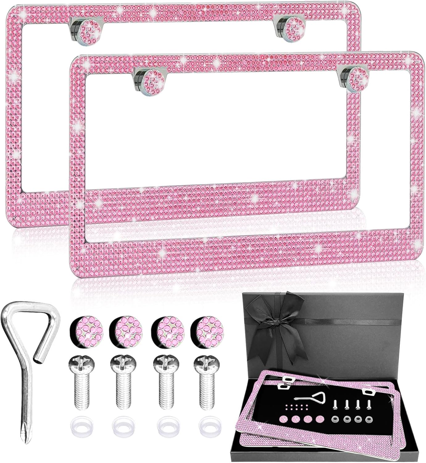 Bling Rhinestone License Plate Frame for Women 2PC, Sparkly Stainless Steel Frames & Over 1200 pcs Finest 14 Facets Black Glass Crystals Premium Diamond+GiftBox (Pink)