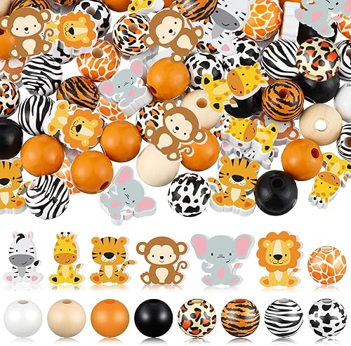 200 cuentas de madera con estampado de animales de la selva, vaca, leopardo, tigre, jirafa, espaciador, cuentas sueltas para decoración de