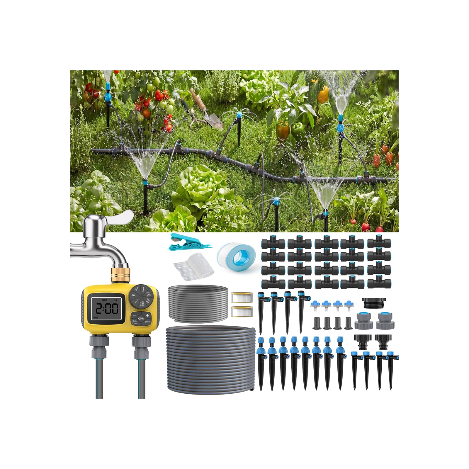 TRJZWA Bewässerungssystem mit 2 Auslässen für Garten, Gewächshaus, Gemüsebeete, Bewässerungscontroller steuert die großflächige Bewässerung und Besprühung, ausgestattet mit 4 verschiedenen Sprühdüsen