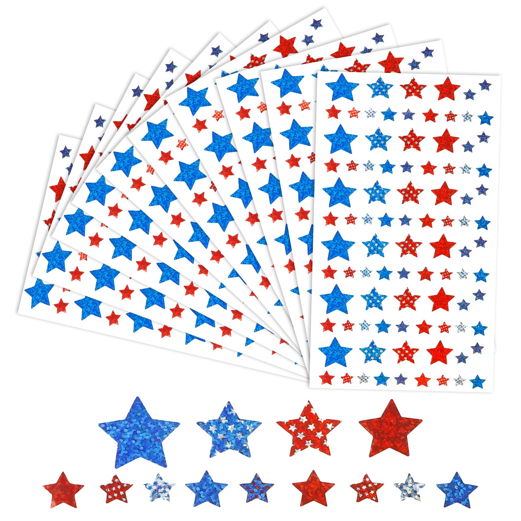 Patriotic Stickers - 1800 PCS, 20 Sheets Red, White & Blue Glitter Star Stickers for 4th of July, Independence Day, Classroom, DIY Crafts & Party