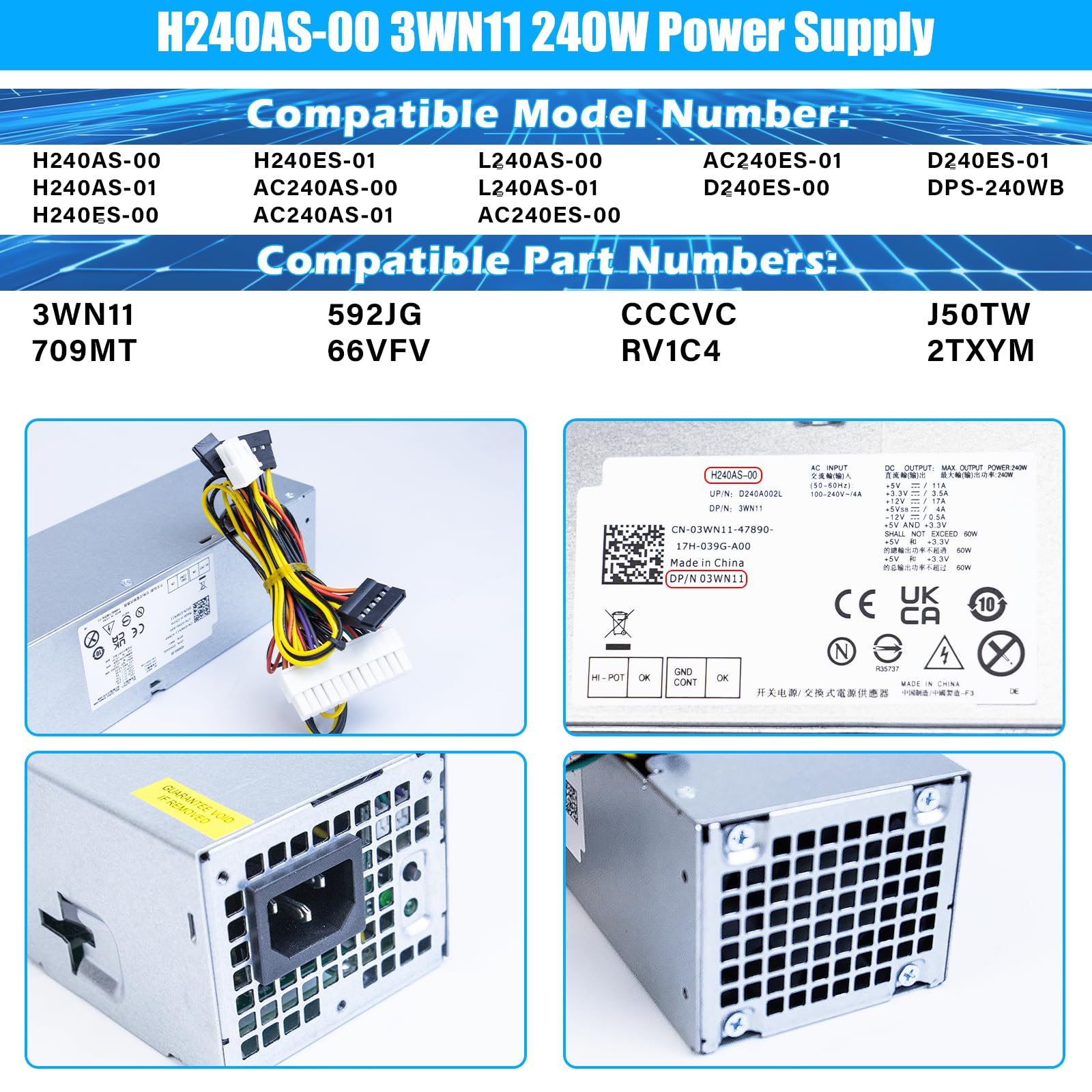 S-Union 240W Alimentatore per DELL Optiplex 390 790 960 990 3010 7010 9010, solo per Piccolo Fattore di Forma SFF Sistemi H240ES-00 D240ES-00 AC240AS-00 AC240ES-00 DPS-240WB L240AS-00 H240AS-00 3WN11