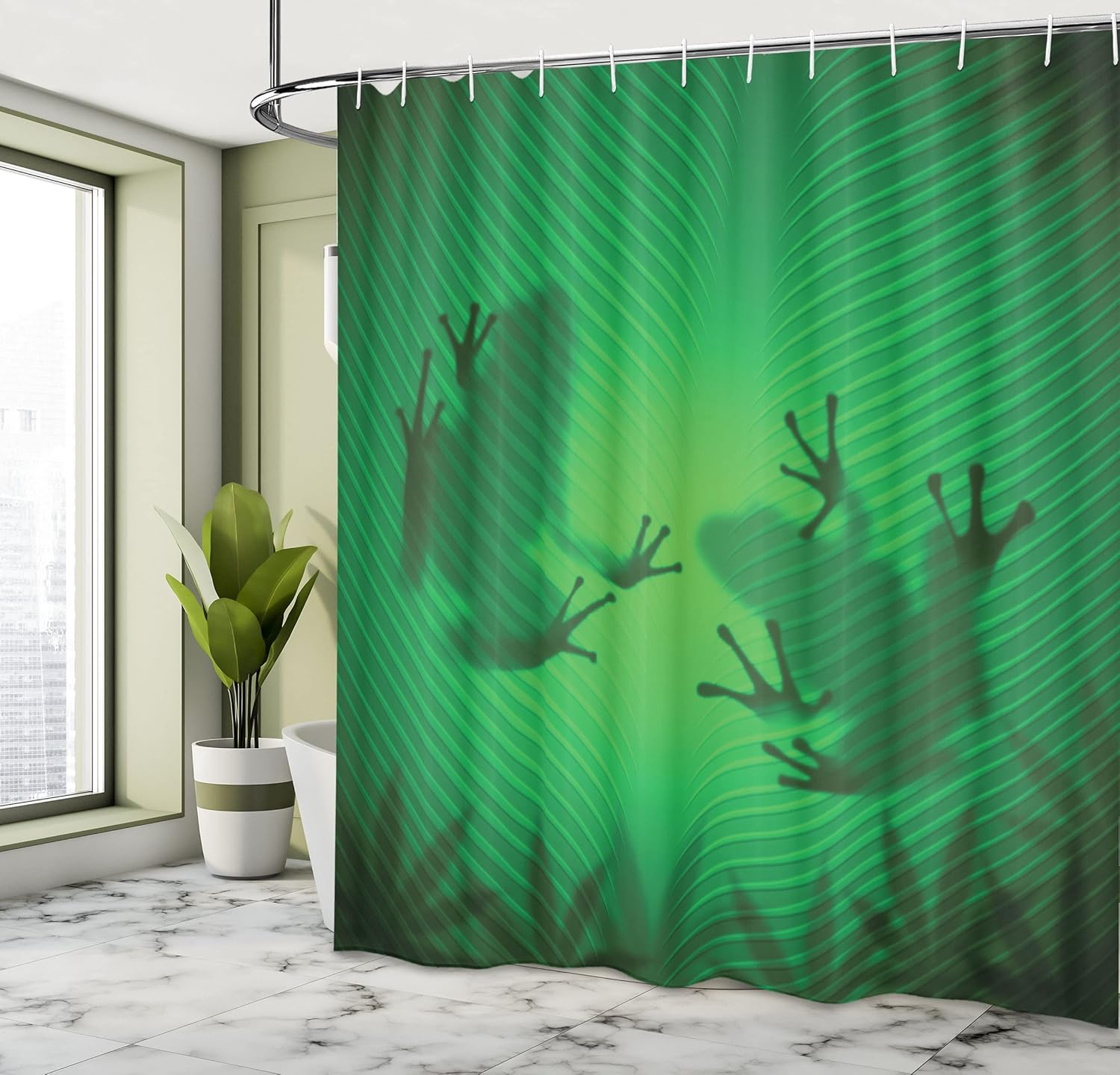 Ambesonne Animal Shower Curtain, Frog Shadow Silhouette on The Banana Tree Leaf in Tropical Lands Jungle Games Graphic, Cloth Fabric Bathroom Decor Set with Hooks, 69" W x 70" L, Fern Green