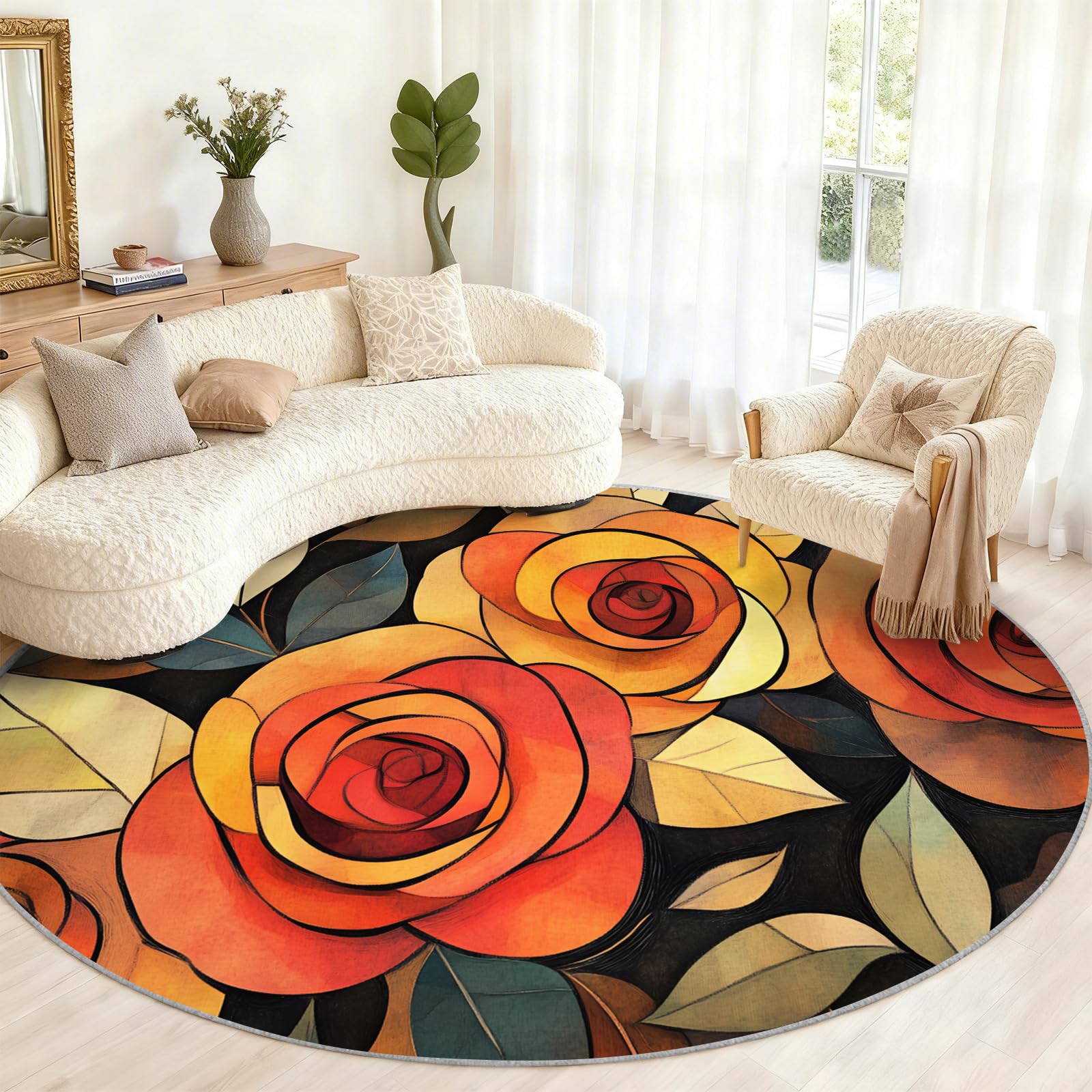 Tapis rond floral pour cuisine et repas conviviaux avec son motif rose élégant