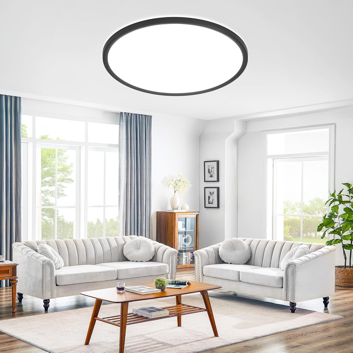 MOONSEA 16 Inch Flush Mount Ceiling Light Fixture - 32W LED Ceiling Lamp with Triac Dimming & 3 CCT Options (3000K/4000K/6500K), 3200lm Round Kitchen Ceiling Light for Bathroom, Bedroom, Black