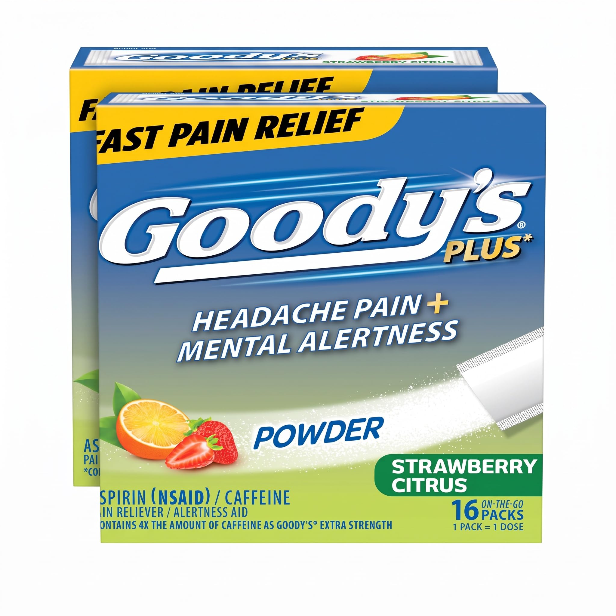 Goody's Headache Relief Plus Mental Alertness Powder, with Aspirin and Caffeine, Strawberry Citrus Flavor, 16 Count (Pack of 2)