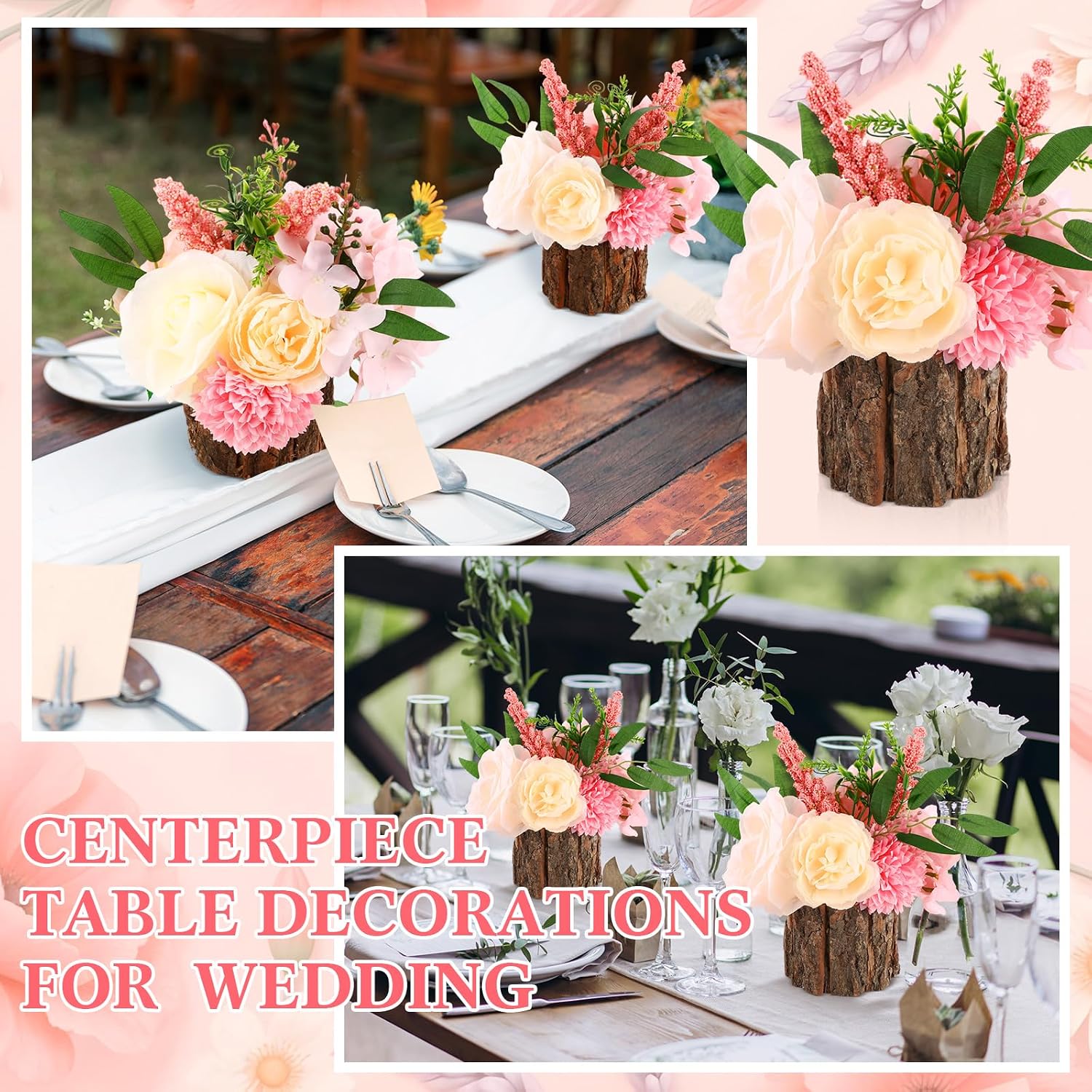 Suncalla 2 Packs Small Artificial Flowers with Wood Centerpiece for Tables Decoration Faux Floral Pink Hydrangea in Potted Vases Centerpiece Bouquets for Spring Easter Table Wedding Home Office Party image 4