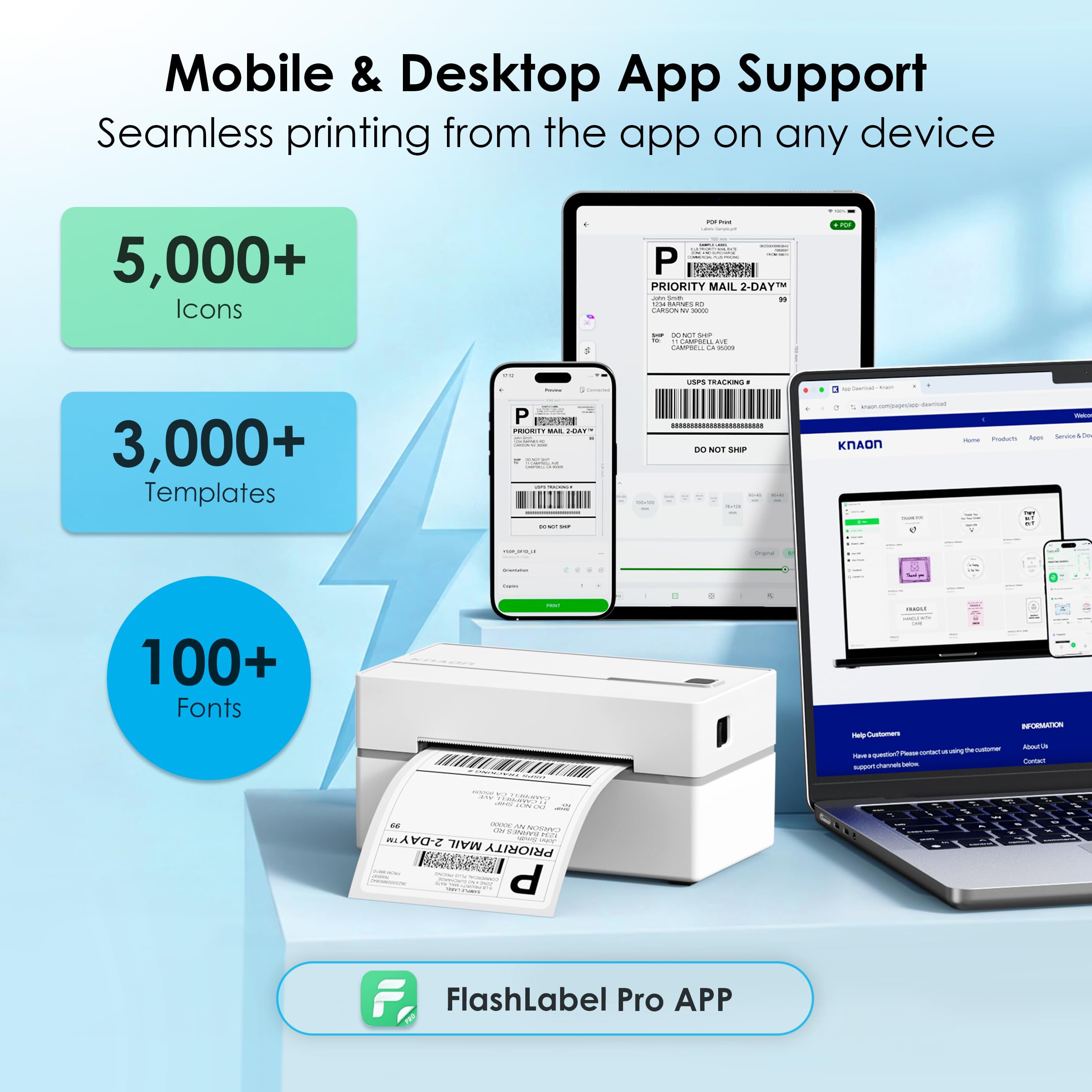 KNAON Stampante termica per etichette di spedizione Bluetooth, stampante termica per etichette per indirizzi 4 x 6 per piccole imprese, compatibile con iPhone, Android, Windows, Mac, Chromebook