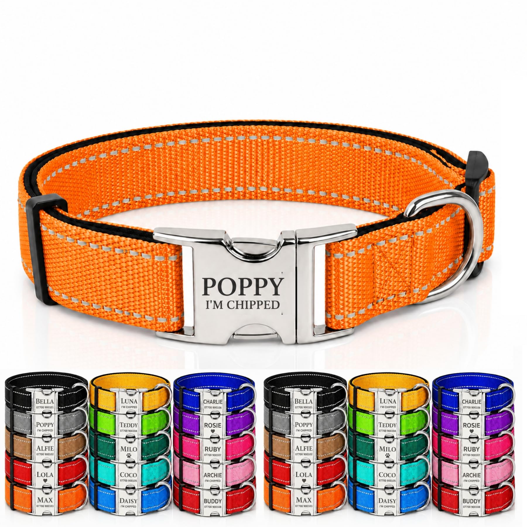Personalised Pet Nylon Collar Custom Reflective Dog Collar Deeply Engraved In UK Name and Phone Number Adjustable Soft Collar Padded Collar For Small Medium Large Dogs Cats Sheep for Night Walking