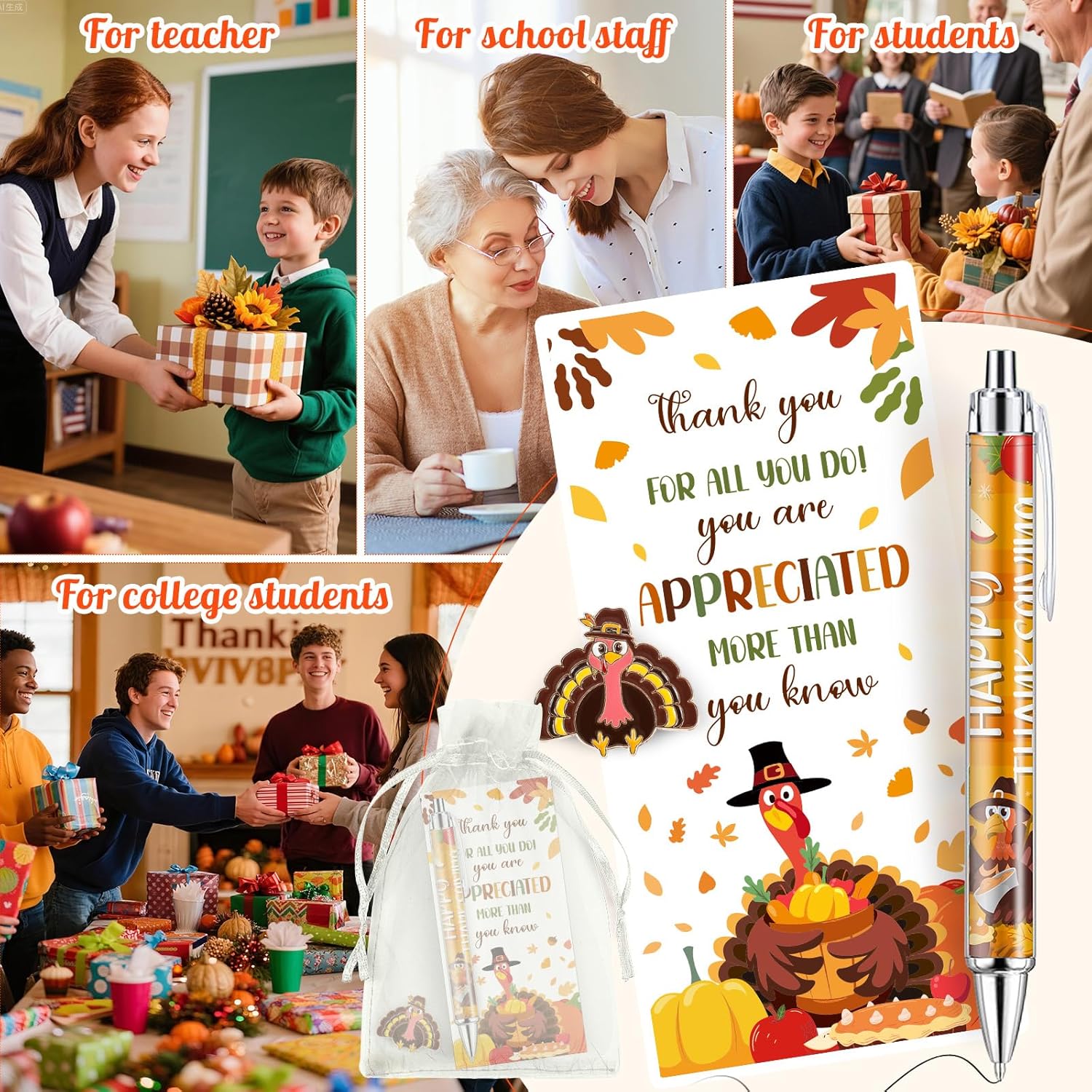 36 Sets Thanksgiving Gift Bulk Fall Ballpoint Pens Turkey Pins with Organza Bags Information Card for Thanksgiving Day Harvest Party Gift Supplies Decor