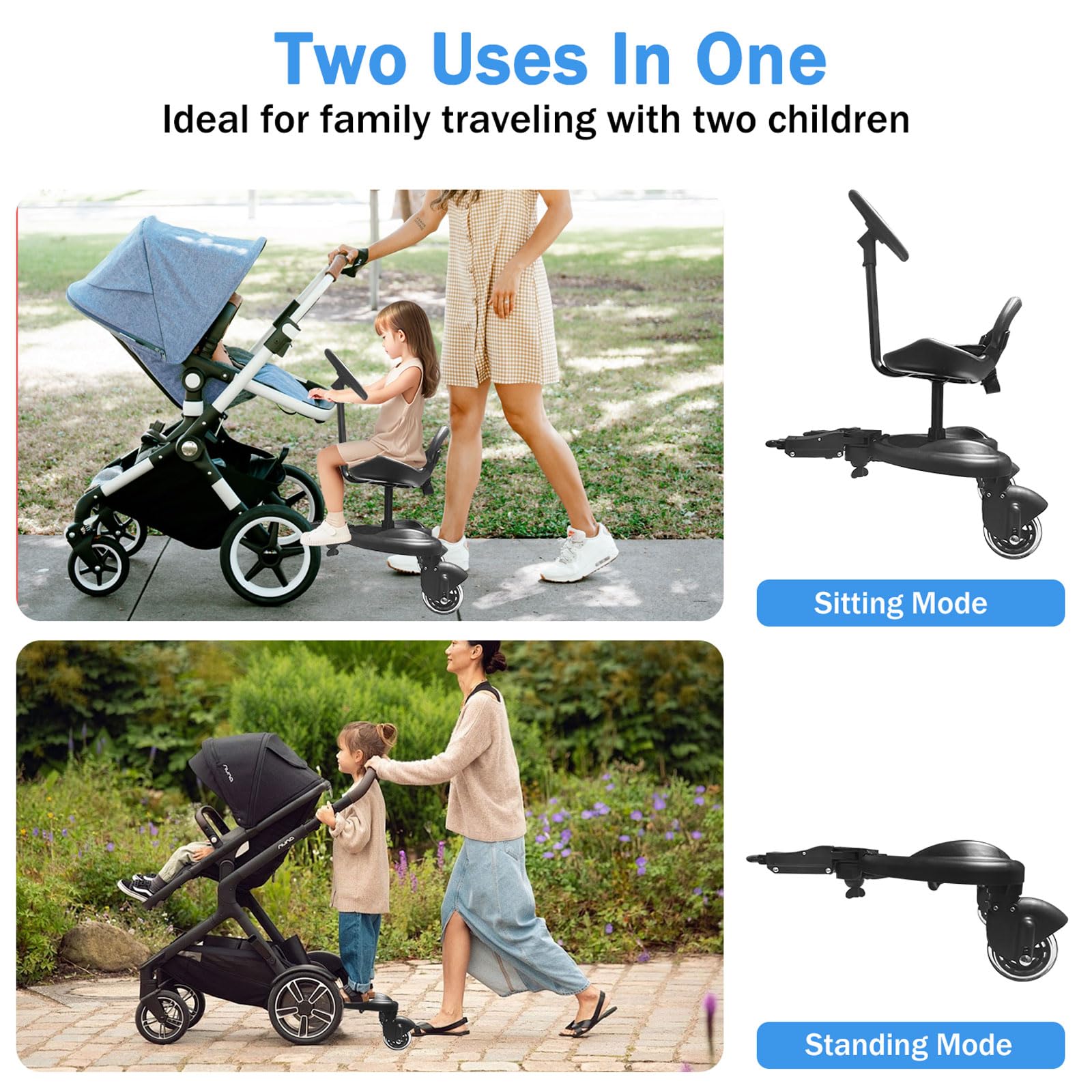 Pedana per passeggino con sedile e volante, pedana universale per tutti i passeggini, girevole a 360°, piattaforma per carretto per bambini da 2 a 6 anni, fino a 50 kg, per famiglie con due bambini