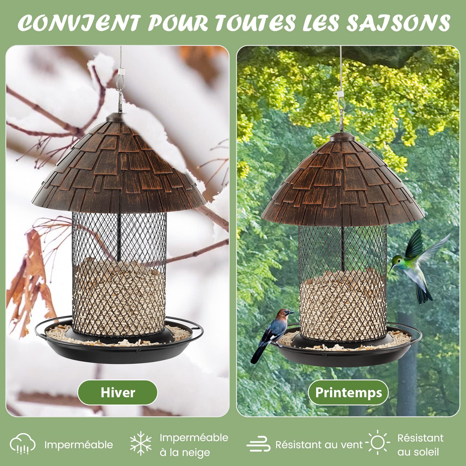 COSTWAY Mangeoire à Oiseaux Suspendue en Métal d'Extérieur, Anti-Écureuil avec Dôme Résistant aux Intempéries