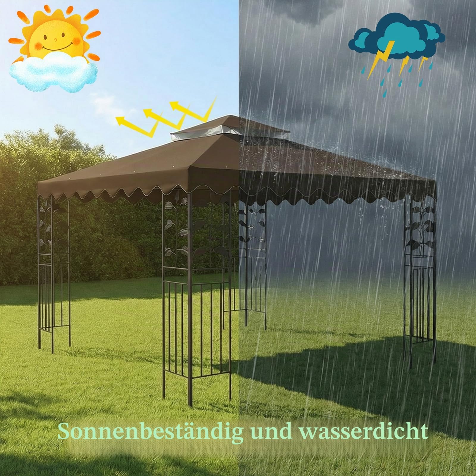 OKYUK Ersatzdach für Pavillon, mit atmungsaktivem Netz, UV-beständig, stabiler wasserdichter Doppeldach-Konstruktion, einschließlich Entwässerungslöchern, ideal für 3 x 3 m Gartenpavillons