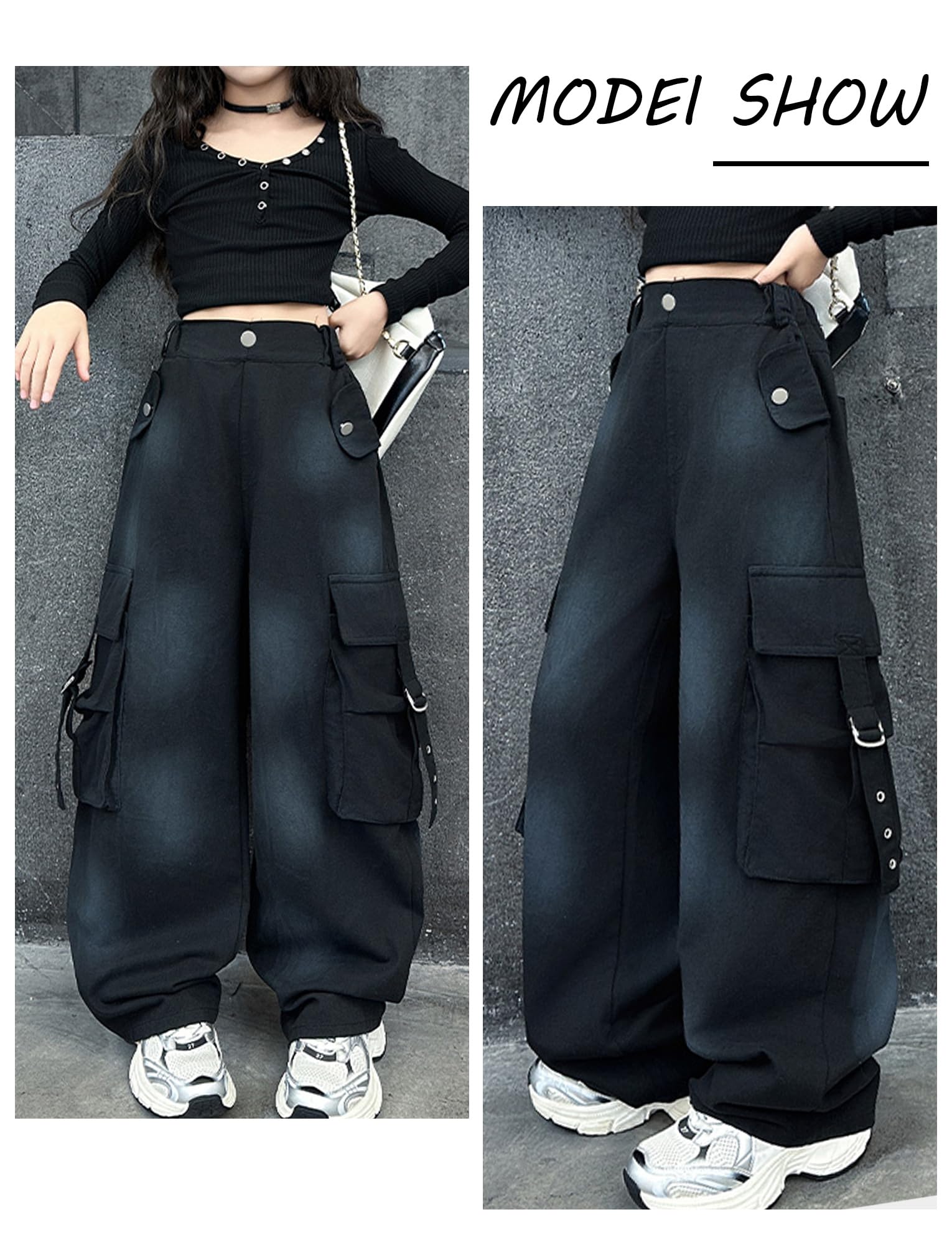 SEAUR Dziecięce dżinsy cargo Y2K Baggy Multi kieszenie, spodnie cargo, gumowy ściągacz, spodnie dżinsowe hip hop, streetwear czas wolny, vintage, 120-170 = (EU 110-164)