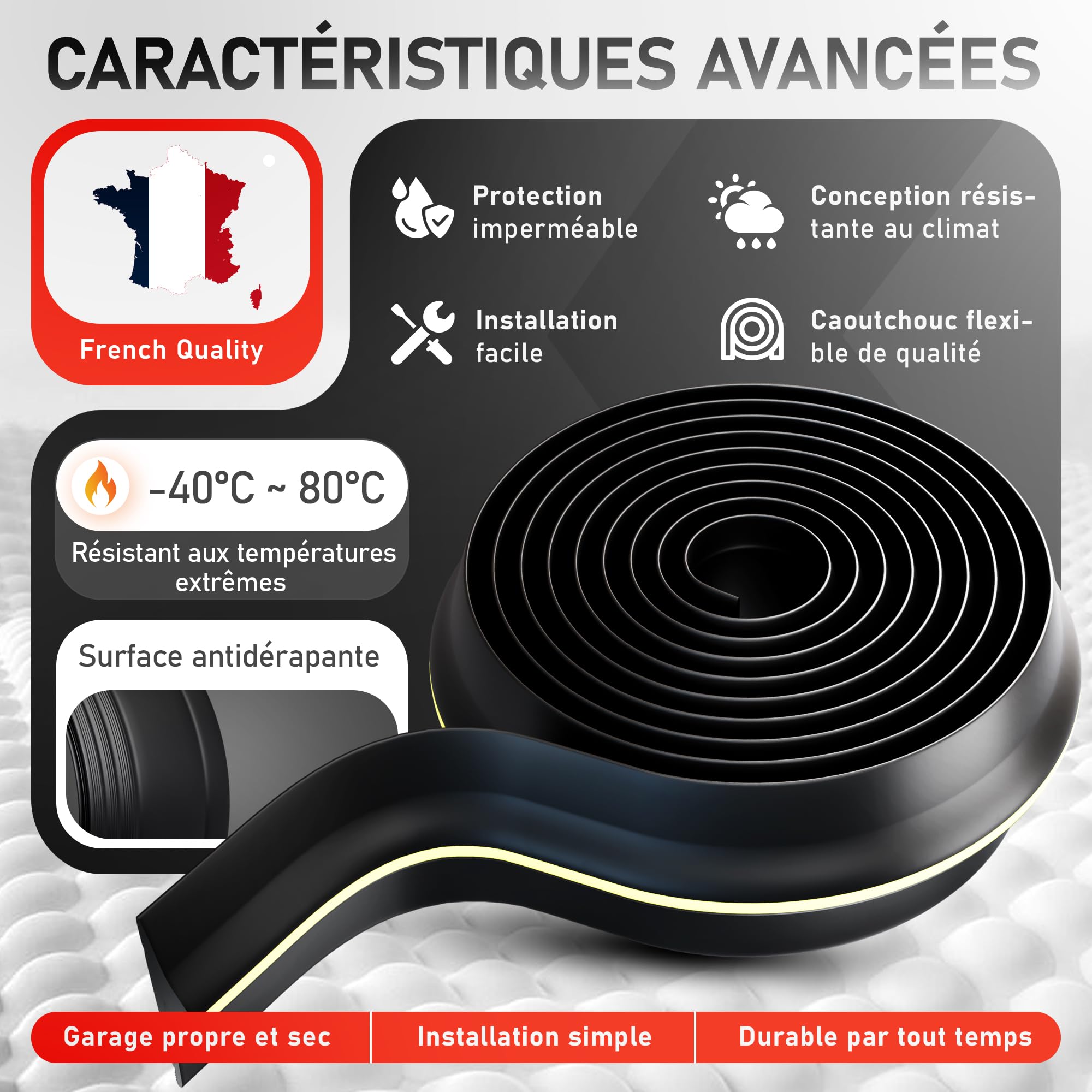 Joint Porte Garage 3M | Empêche l’Eau, la Poussière et le Froid – Installation Facile | Seuil de Porte de Garage | Silicone d’installation incluse (3 m)