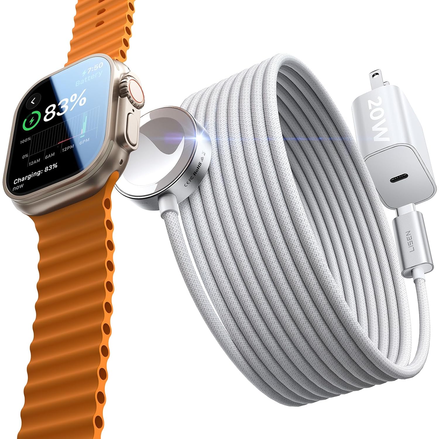 LISEN 2025 Upgraded 5W for Apple Watch Charger Fast Charging USB C for Apple Watch Ultra 3 Series 11 iWatch Charger Magnetic Charging Cable for iWatch Series Ultra 3/2/1 Series 11 10 9 8 7 SE3 [6.6FT] 6.6FT 20W USB C Adapter White
