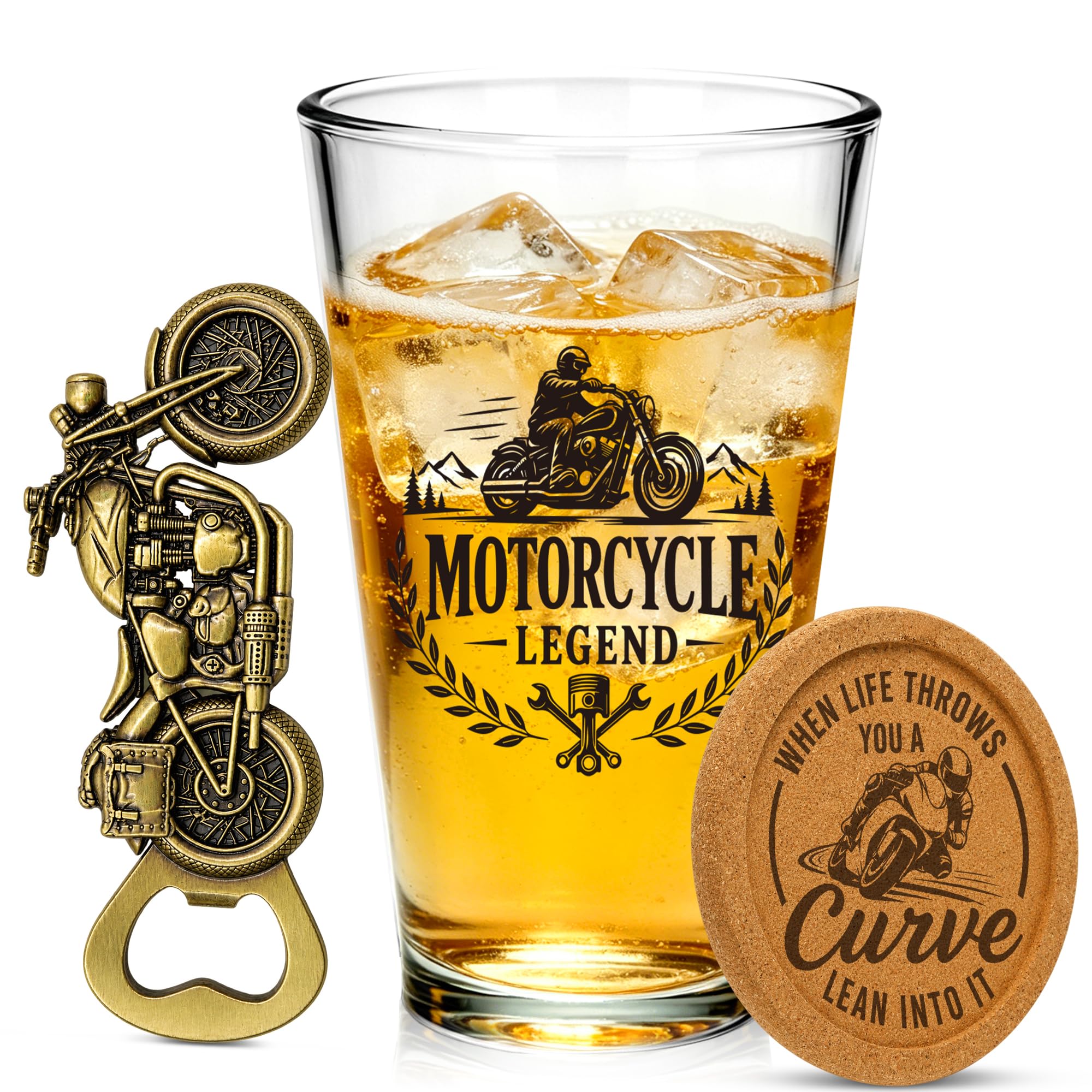 Motorcycle Gifts Set for Men, 480ml Beer Glass Coaster Bottle Opener Gift