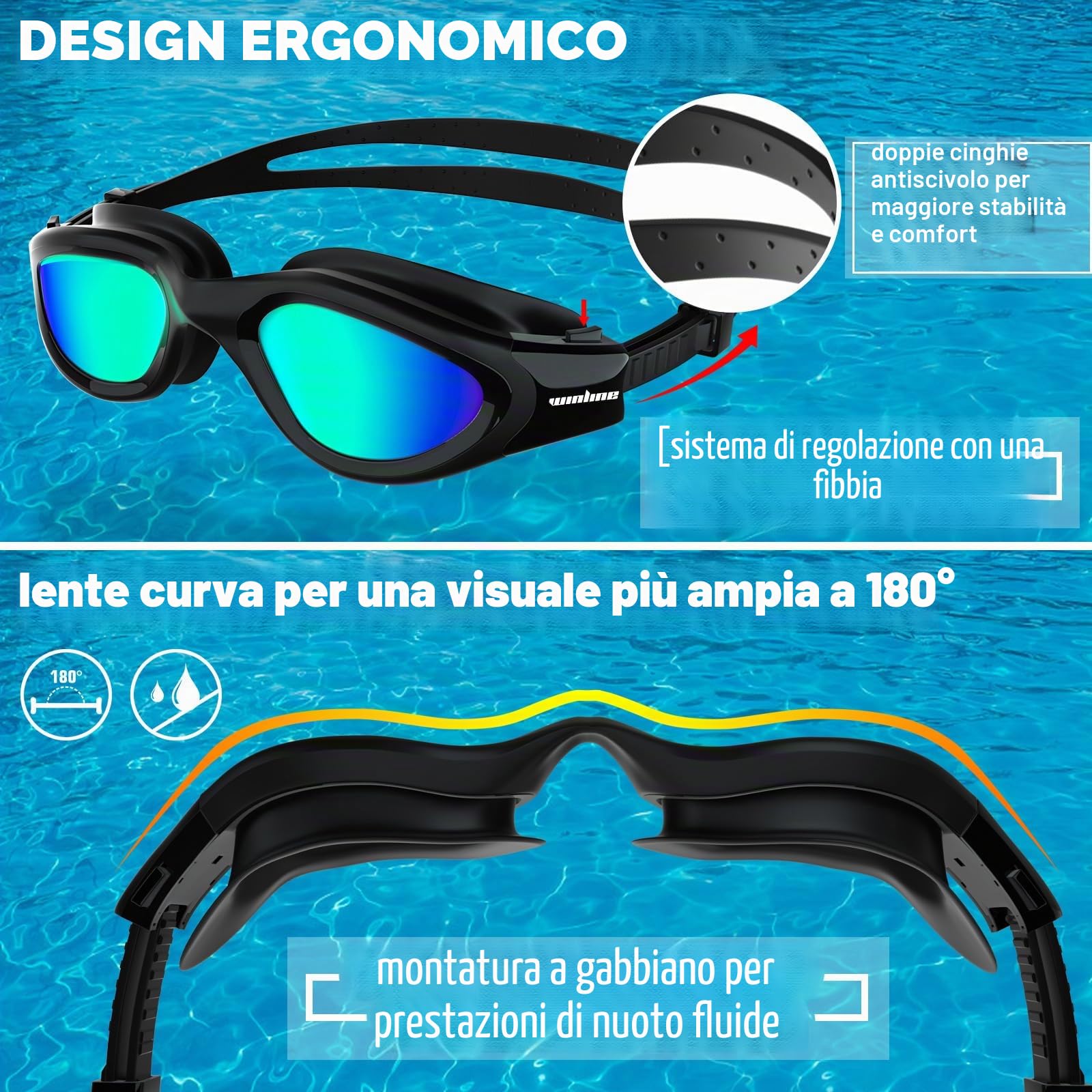 Winline Occhialini da Nuoto Polarizzati, Anti-appannamento Anti-perdite con Protezione UV Visione chiara Facile da regolare Con Ponte Nasale Morbido per Uomo Donna Adulti e Adolescenti