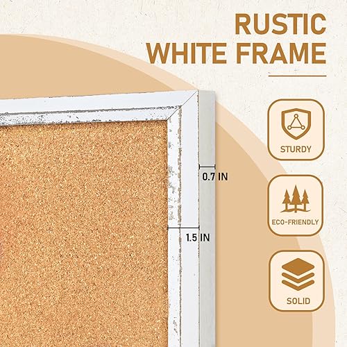 Vista 4 de DOLLAR BOSS White Cork Board for Wall - 24 X 18 Inches, Rustic Wooden Frame Bulletin Board, Decorative Hanging Pin Board for Office & Home Decor
